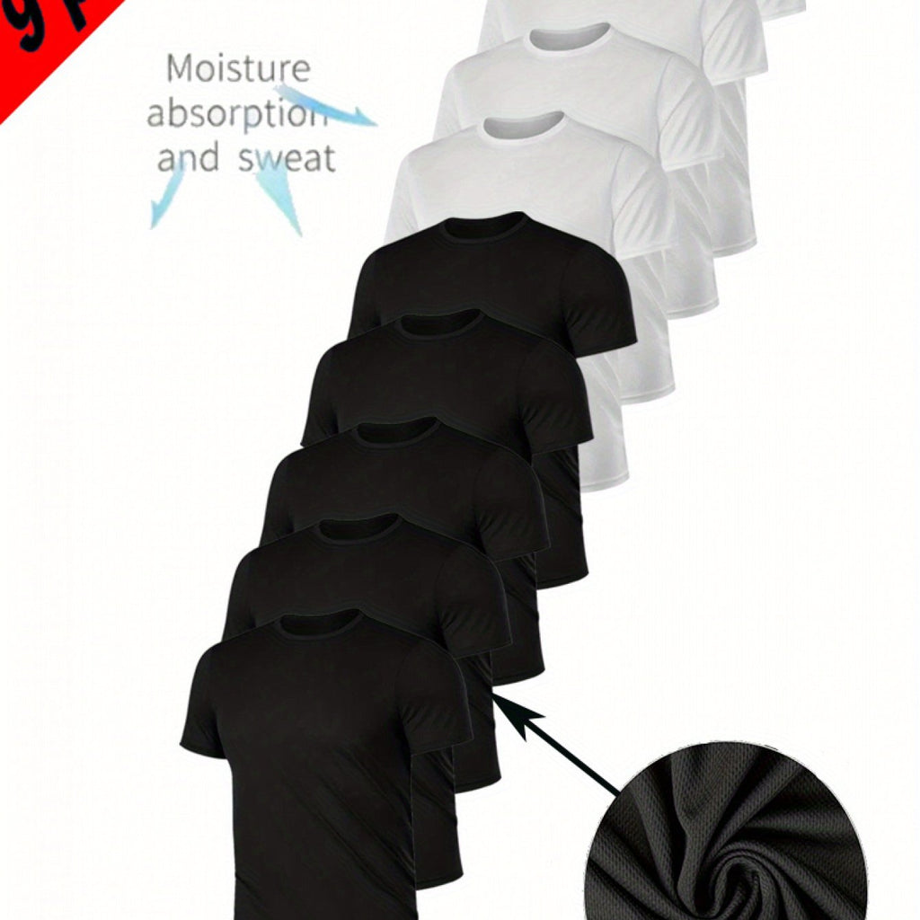 9pcs Breathable Quick-Dry Moisture-Wicking T-Shirts - 9 Color Options, Full-Body Digital Print, Round Neck Casual Fit for Gym & Summer Daily Wear, Machine Washable