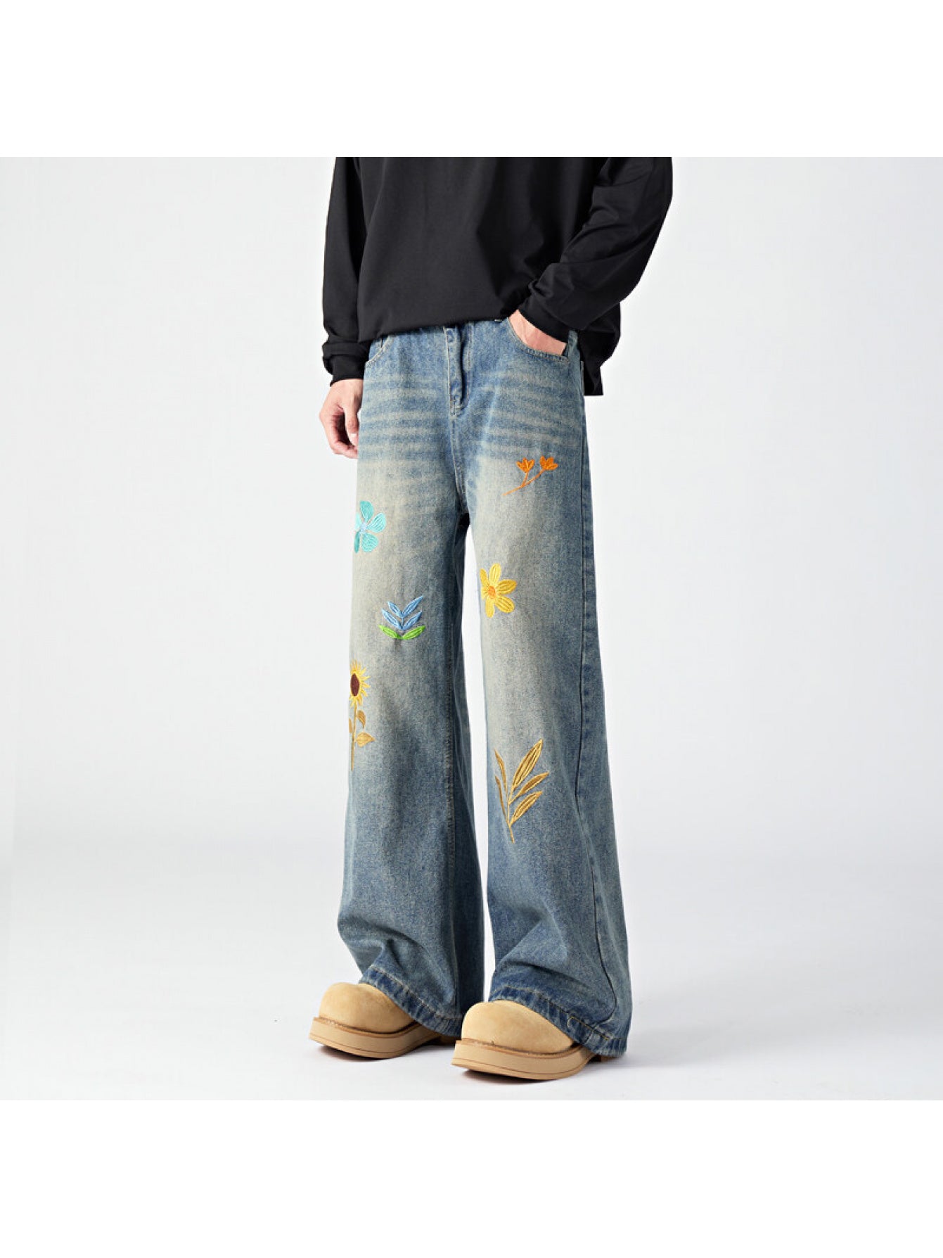 Men'S Vintage Washed Faux Denim - Non-Stretch Straight Leg Pants with Floral embroidery