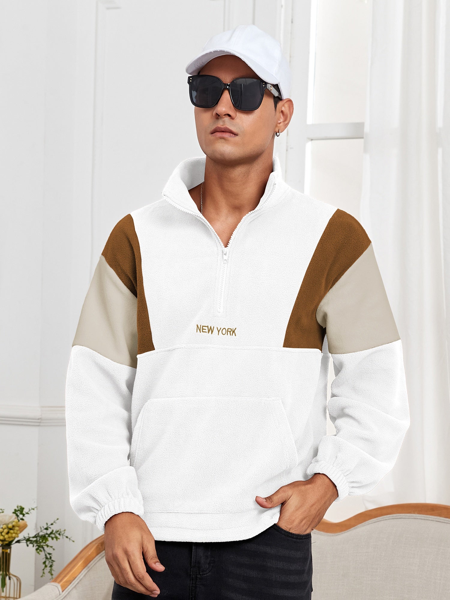 Men's Fluffy Polar Fleece Hoodie with NEW YORK Lettering & Colorblock Design - Half-Zip Stand Collar Sweatshirt, Loose Fit Unisex Pullover for Casual & Athletic Wear, Machine Washable (Black\u002FOlive\u002FBeige)