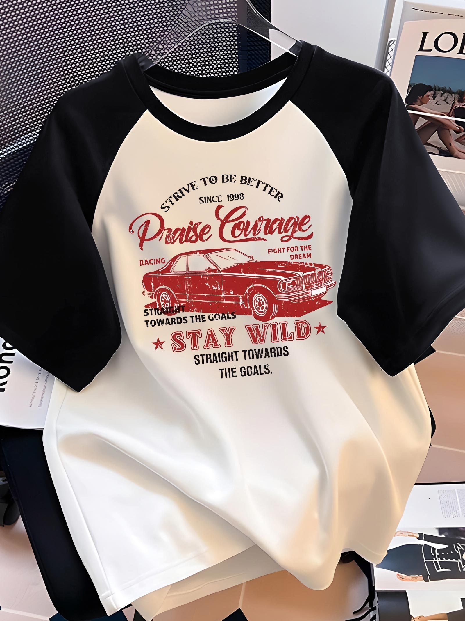 Men'S Casual Crew Neck T-Shirt, Polyester 100% Knit Fabric, Slight Stretch, Regular Fit, Short Sleeves, Summer Raglan Tee with Vintage Racing Print Design