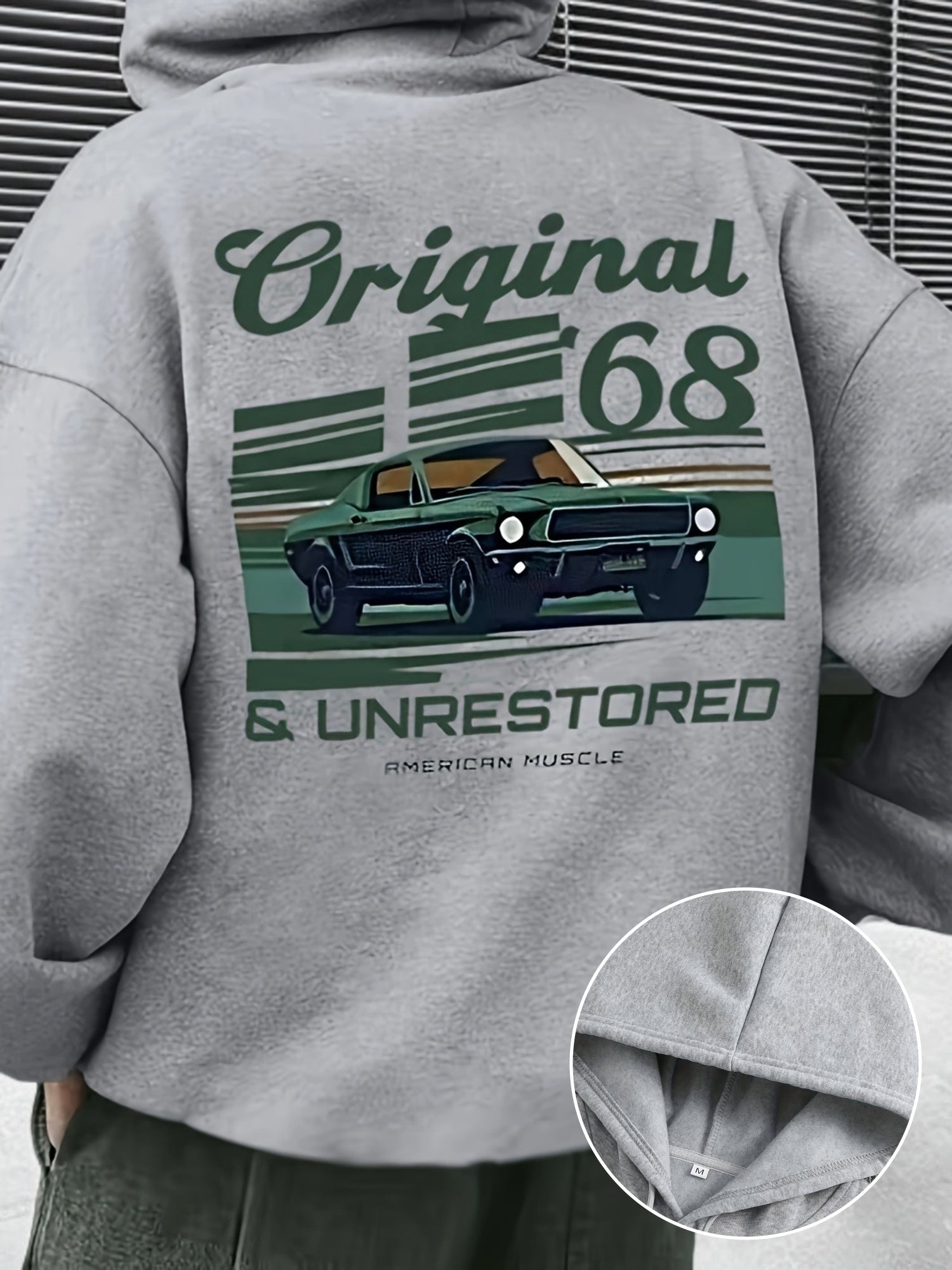 1pc Original 68 & Unrestored American Muscle Vintage Car Print Hoodie for Men - Casual French Terry Pullover with Pockets, Non-Stretch Knit Fabric, Loose Fit Hooded Sweatshirt