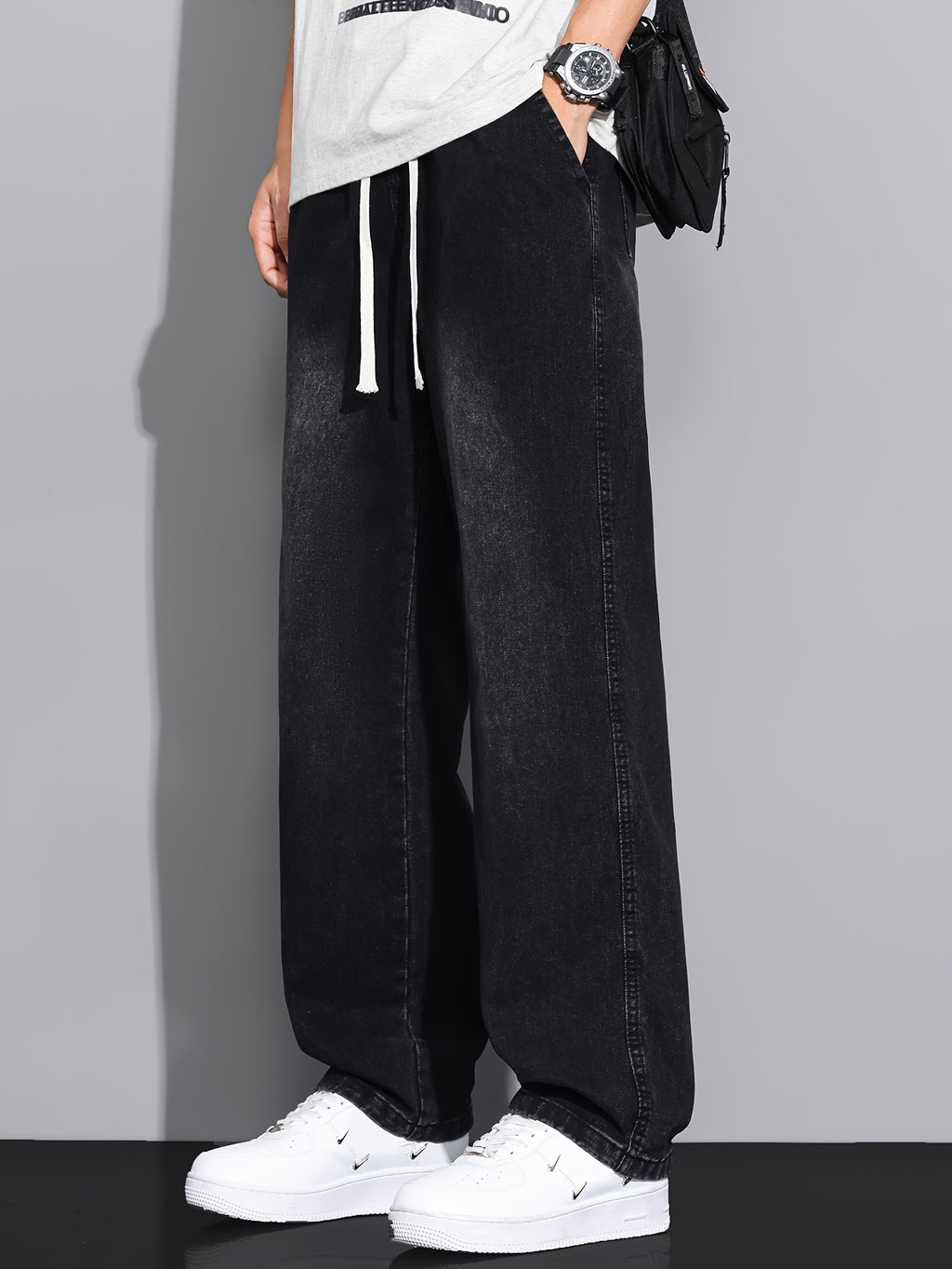 Men's Straight-Leg Jeans - Non-Stretch Denim Pants with Drawstring Waist