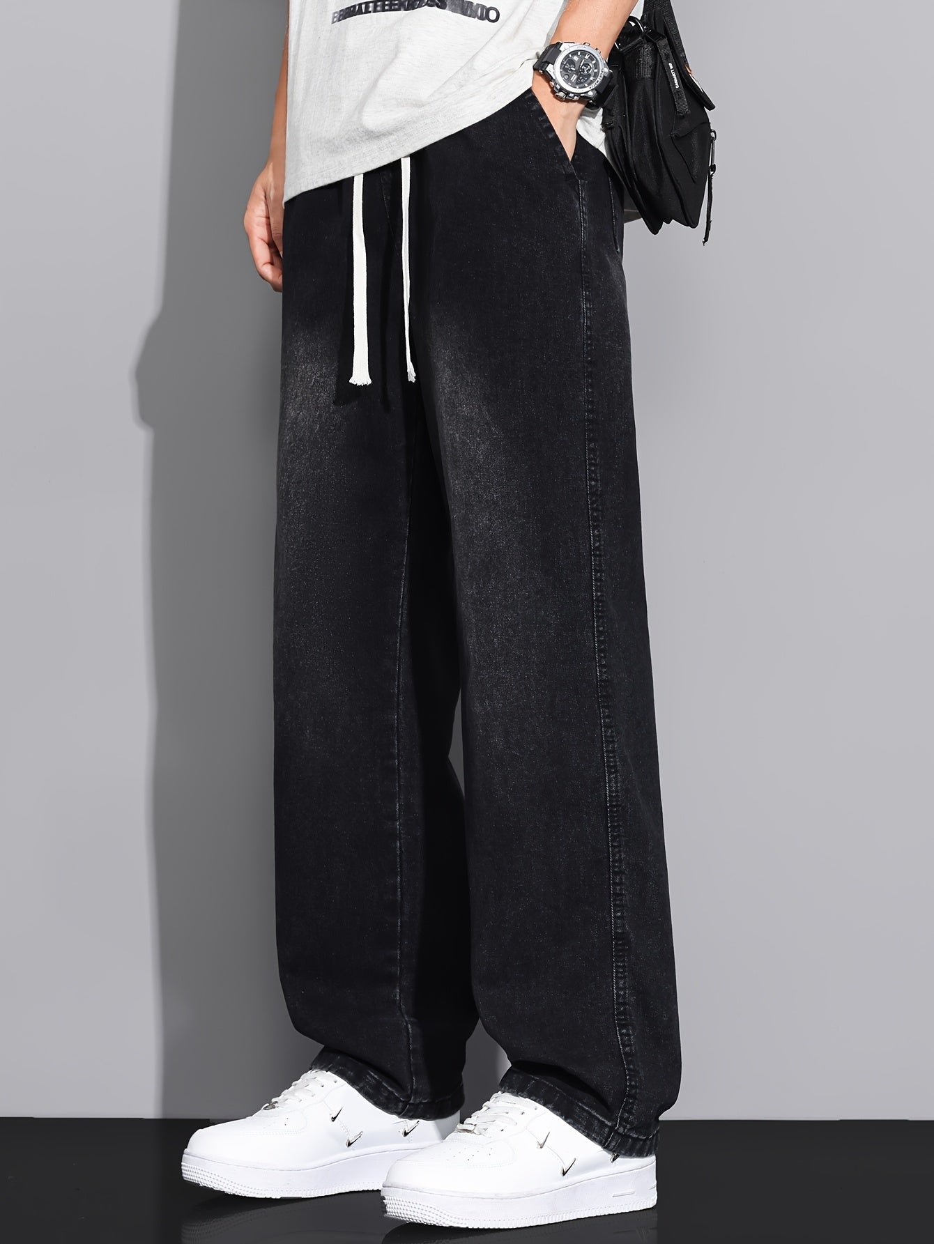 Men's Straight-Leg Jeans - Non-Stretch Denim Pants with Drawstring Waist