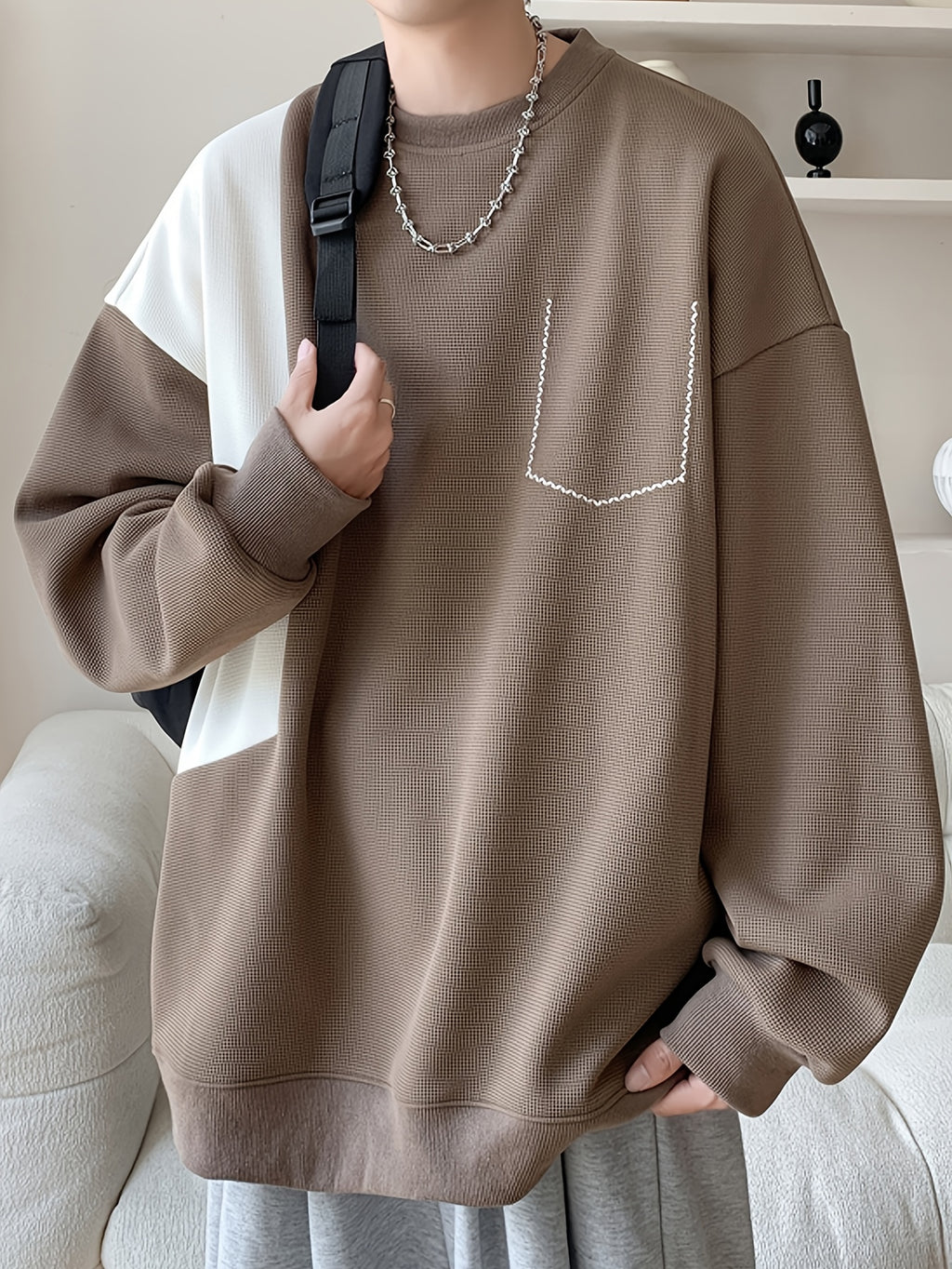 Color Block Sweatshirt Color Block Crew Neck Sweatshirt - Men's Casual, Polyester Blend, Machine Washable, Non-Stretch Fabric