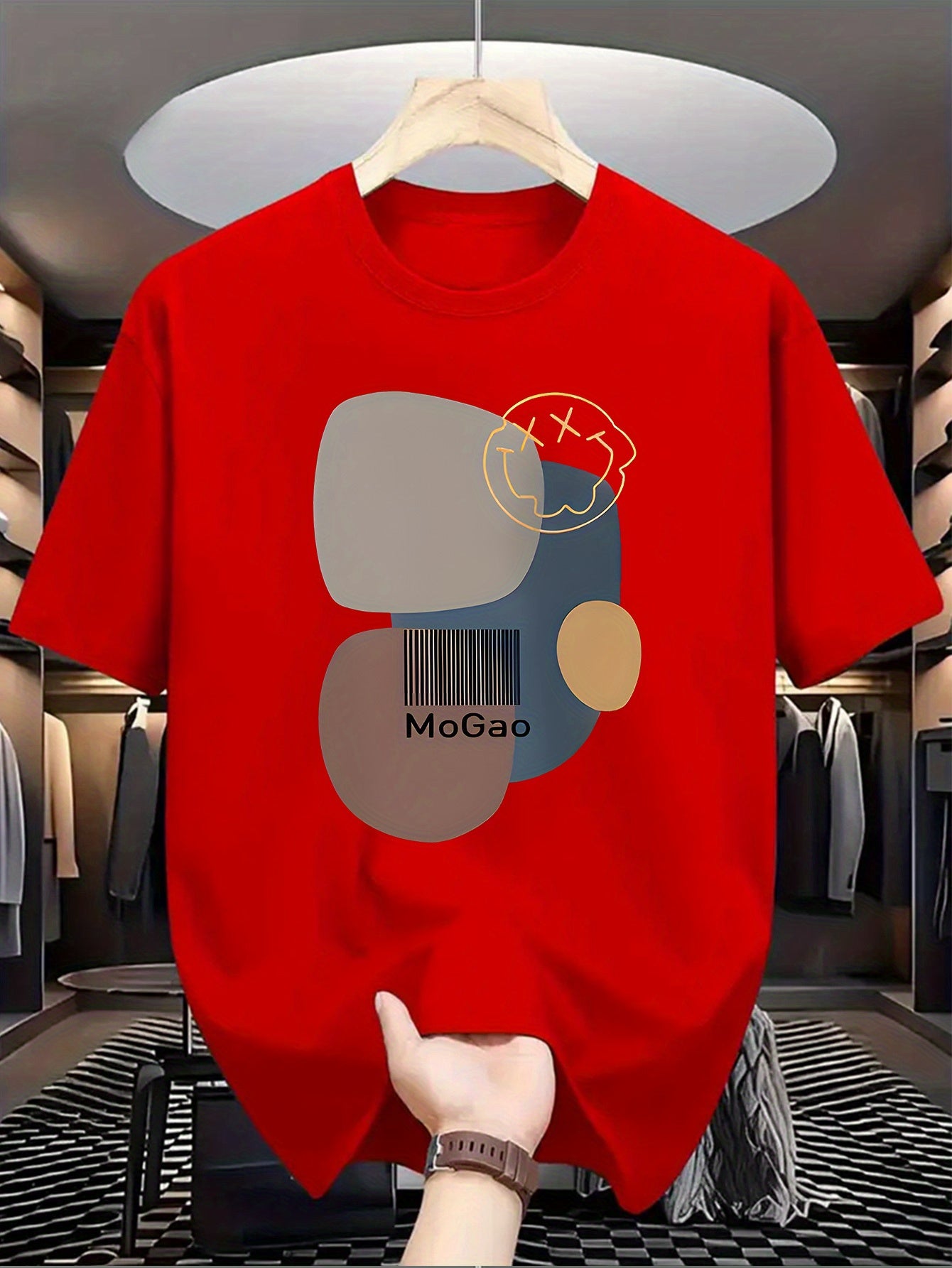 Mogao Men's Casual Short Sleeve T-Shirt - Light Blue Abstract Geometric Print, Breathable Summer Fabric, Regular Fit Round Neck, Machine Washable for Casual Attire, Versatile Fashion Top, Modern Aesthetic Shirt