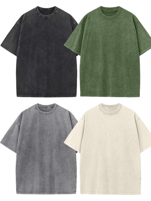 4pcs Men's oversized cotton T-shirt loose vintage wash T-shirt Neutral heavyweight short-sleeved casual shirt shirt wash round neck loose basic street wear loose top