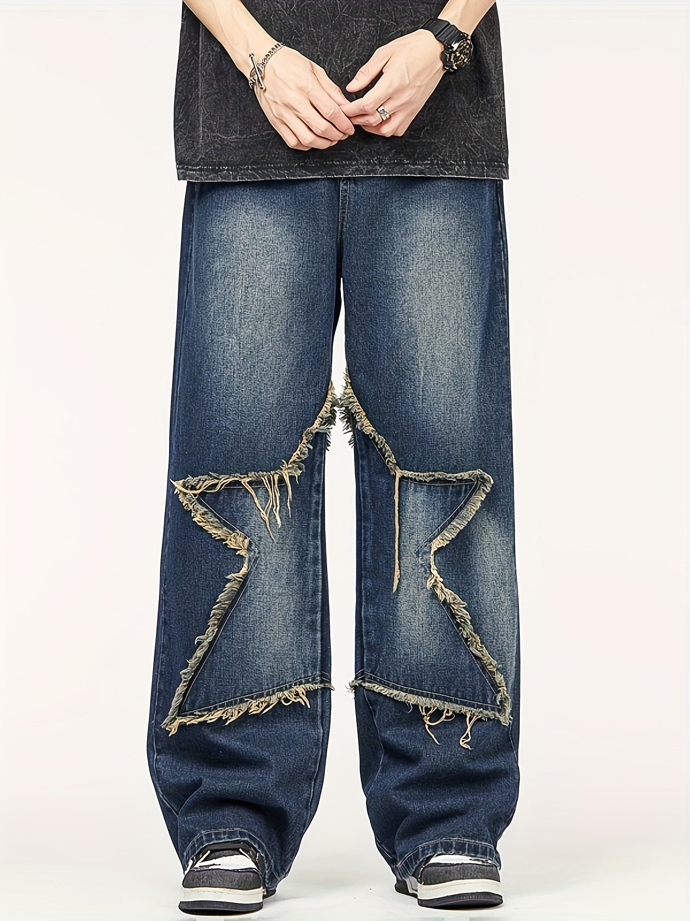 Men'S Fashion Trend Loose Straight-leg Faux Denim, High Street Five-pointed Star Pattern