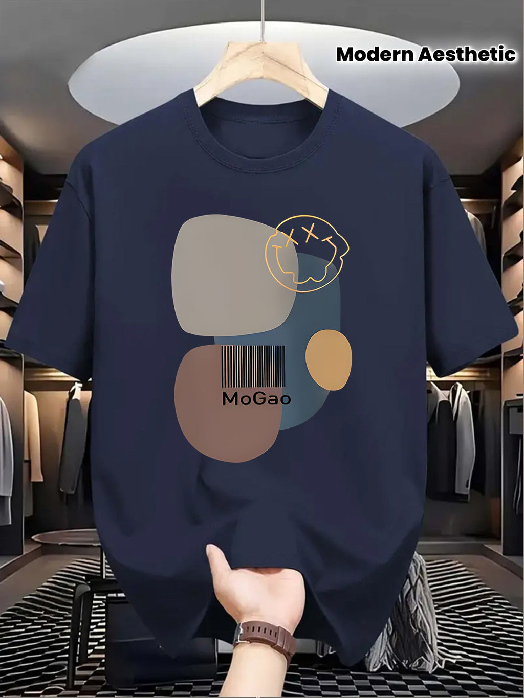 Mogao Men's Casual Short Sleeve T-Shirt - Light Blue Abstract Geometric Print, Breathable Summer Fabric, Regular Fit Round Neck, Machine Washable for Casual Attire, Versatile Fashion Top, Modern Aesthetic Shirt