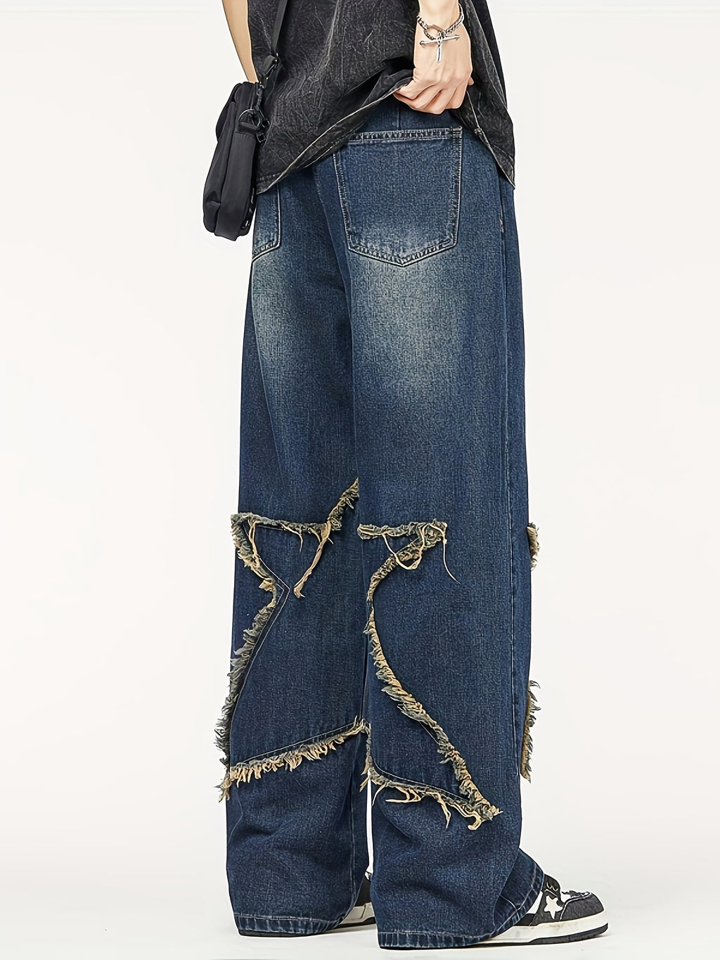 Men'S Fashion Trend Loose Straight-leg Faux Denim, High Street Five-pointed Star Pattern