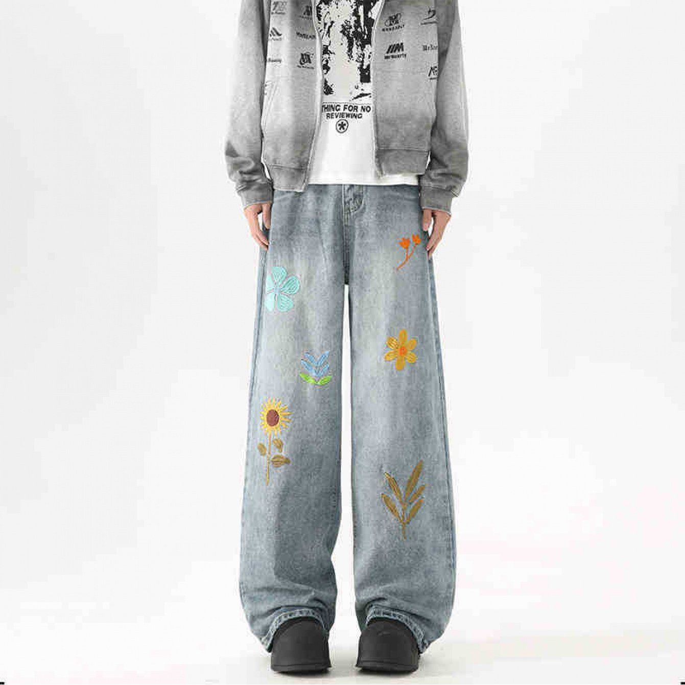 Men'S Vintage Washed Faux Denim - Non-Stretch Straight Leg Pants with Floral embroidery