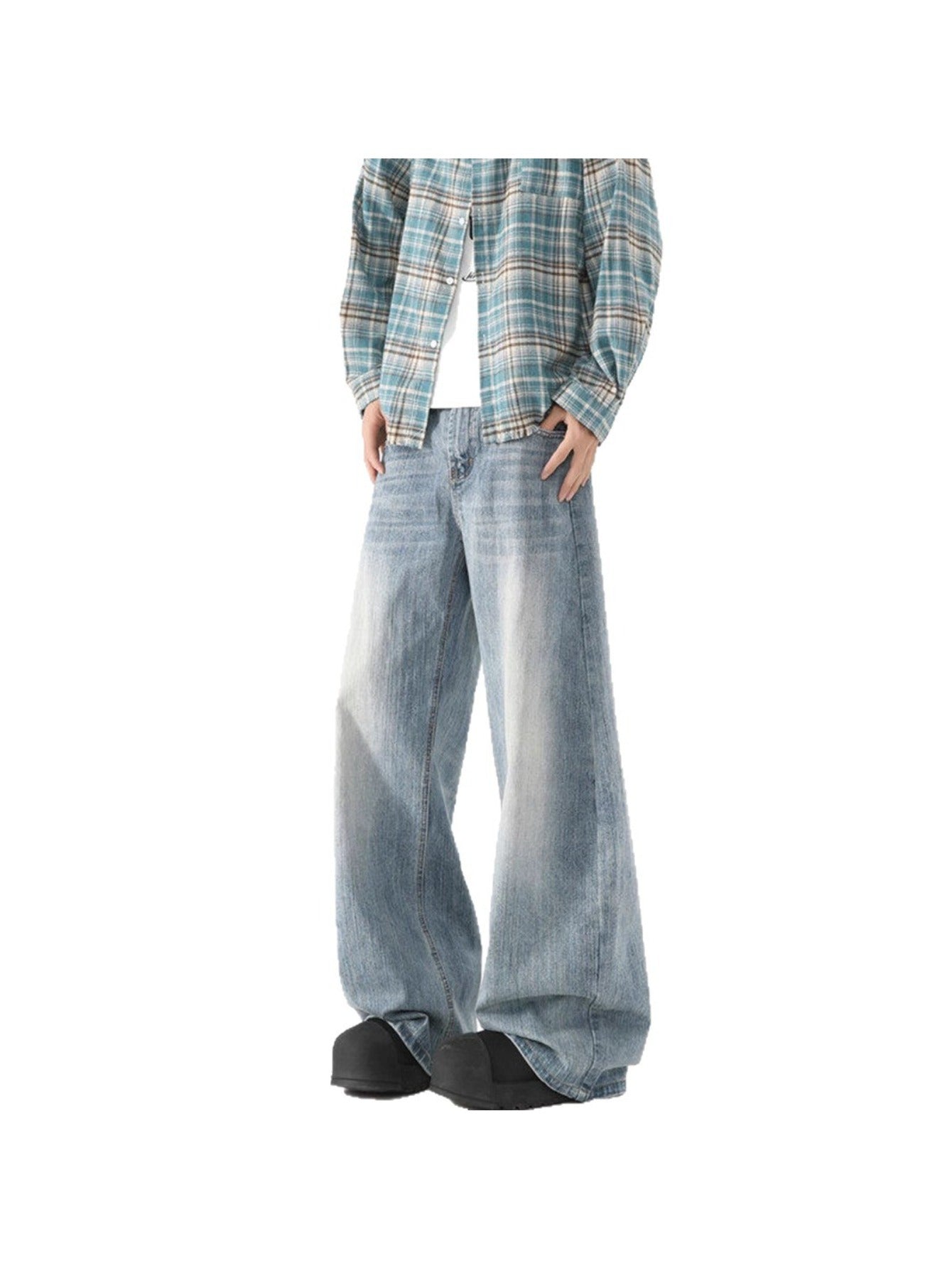 New washed blue jeans Men's summer high street versatile casual wide leg trousers loose wide leg trousers