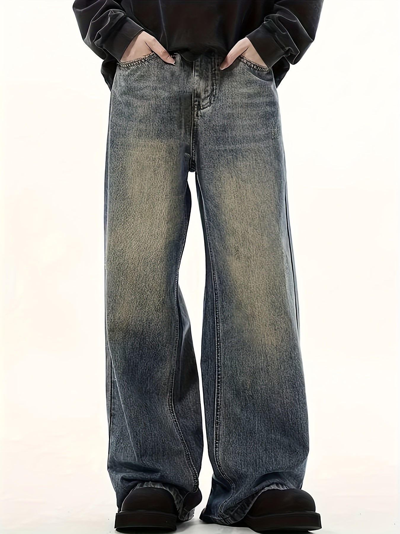 Men's Elastic Waist Vintage Mop Wide Leg Four-season Jeans