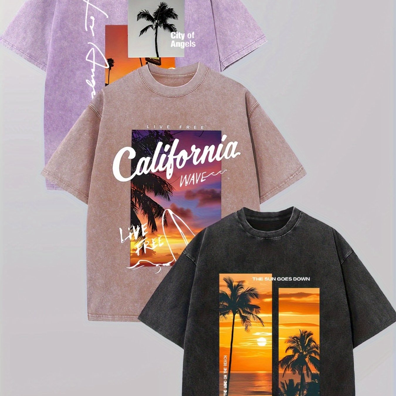 Three-pack Coconut Tree - Washed Vintage Dyed 100% Cotton Men'S Round Neck Short Sleeve Street Wear Batik Process Can Be Used As A Gift