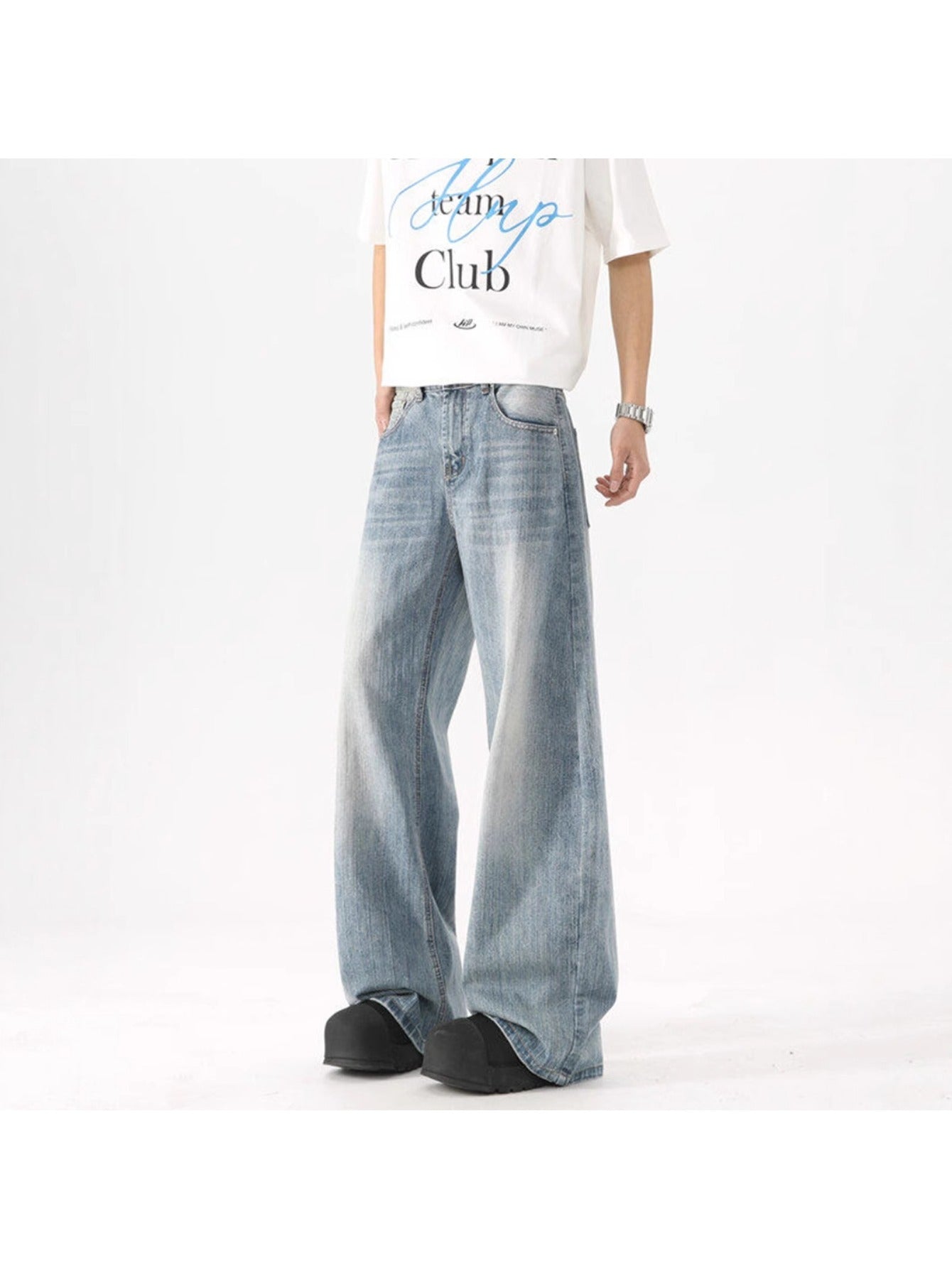 New washed blue jeans Men's summer high street versatile casual wide leg trousers loose wide leg trousers
