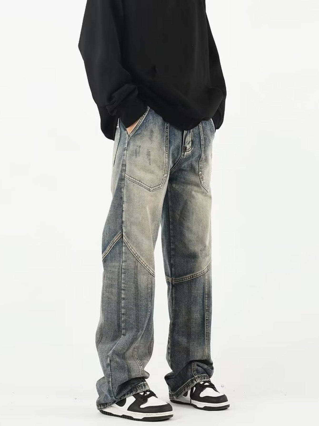 American vintage patchwork jeans Men's trendy topline loose straight pants, Jeans Pant for Men