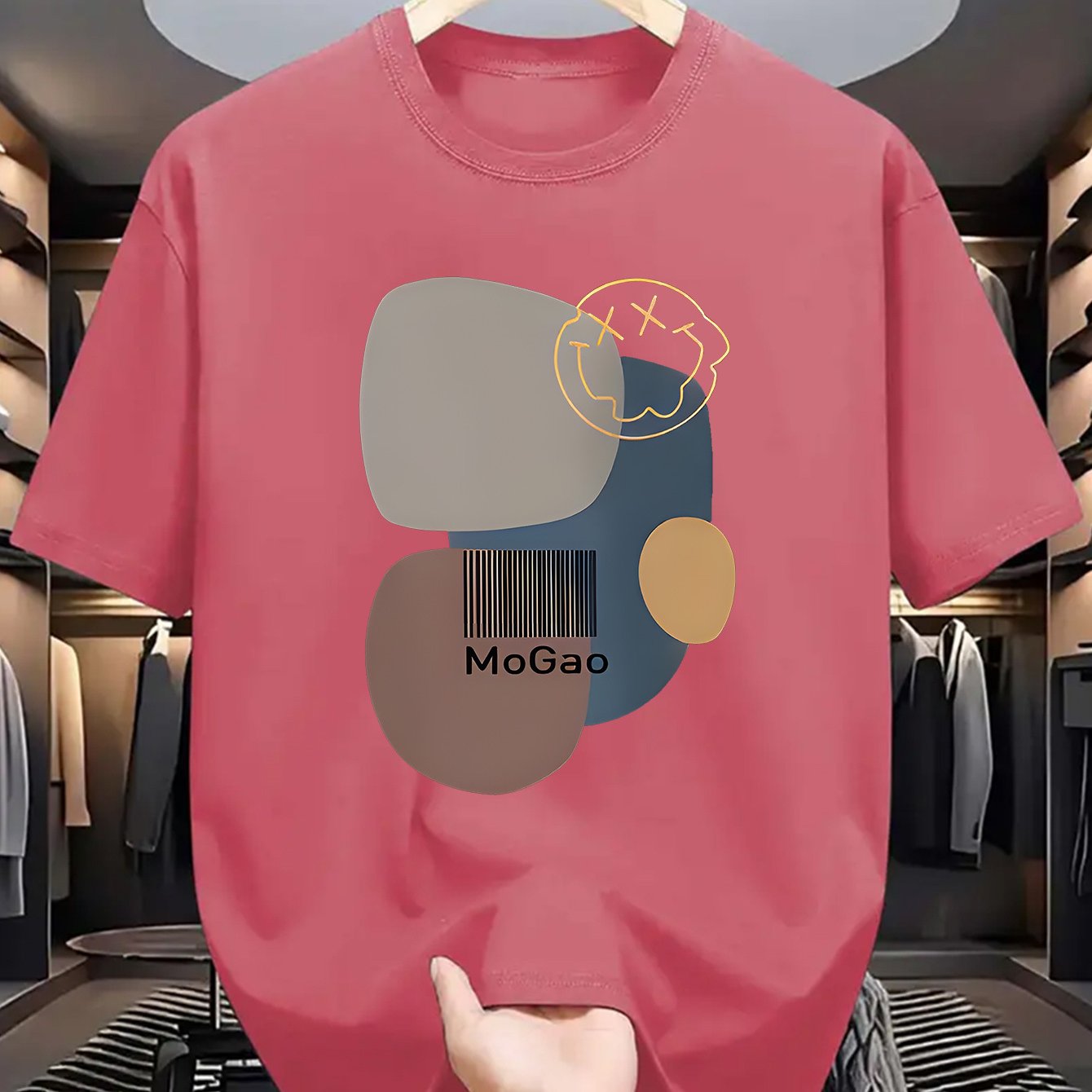 Mogao Men's Casual Short Sleeve T-Shirt - Light Blue Abstract Geometric Print, Breathable Summer Fabric, Regular Fit Round Neck, Machine Washable for Casual Attire, Versatile Fashion Top, Modern Aesthetic Shirt