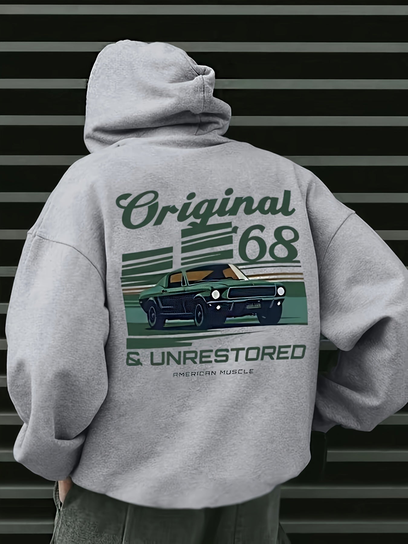 1pc Original 68 & Unrestored American Muscle Vintage Car Print Hoodie for Men - Casual French Terry Pullover with Pockets, Non-Stretch Knit Fabric, Loose Fit Hooded Sweatshirt