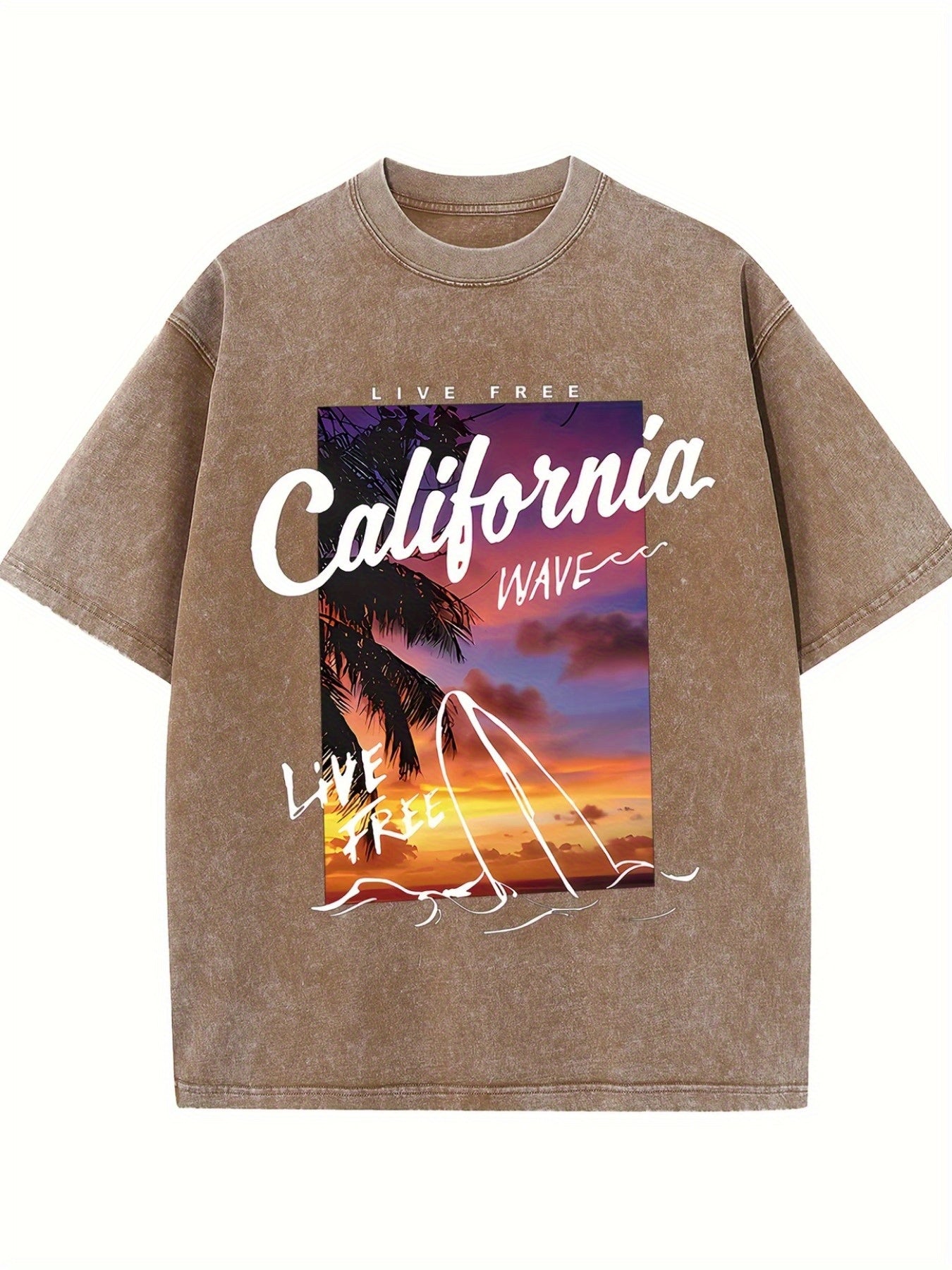 Three-pack Coconut Tree - Washed Vintage Dyed 100% Cotton Men'S Round Neck Short Sleeve Street Wear Batik Process Can Be Used As A Gift