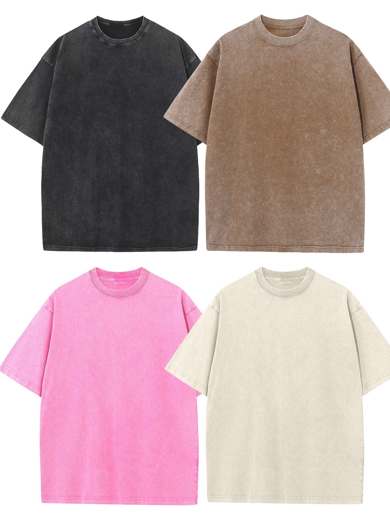 4pcs Men's oversized cotton T-shirt loose vintage wash T-shirt Neutral heavyweight short-sleeved casual shirt shirt wash round neck loose basic street wear loose top