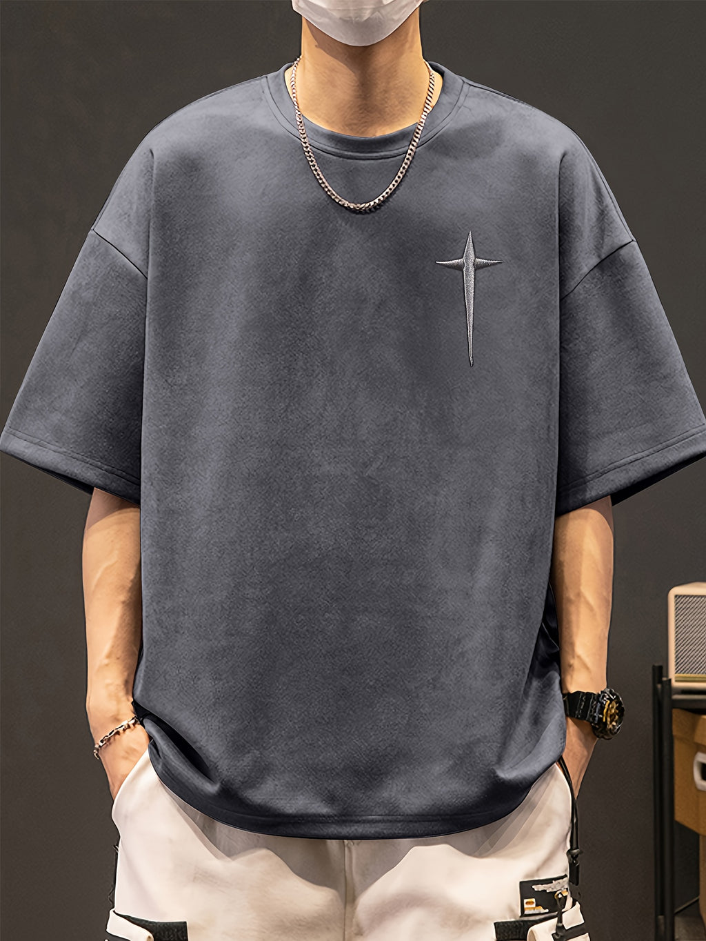 Men's Pierson OBM Fashion Casual Teal Embroidered Crew Neck Sweatshirt - Sporty Style, Polyester and Spandex Blend, Machine Washable, Summer Wear, Sporty Sweatshirt|Geometric Embroidery|Polyester Spandex Blend