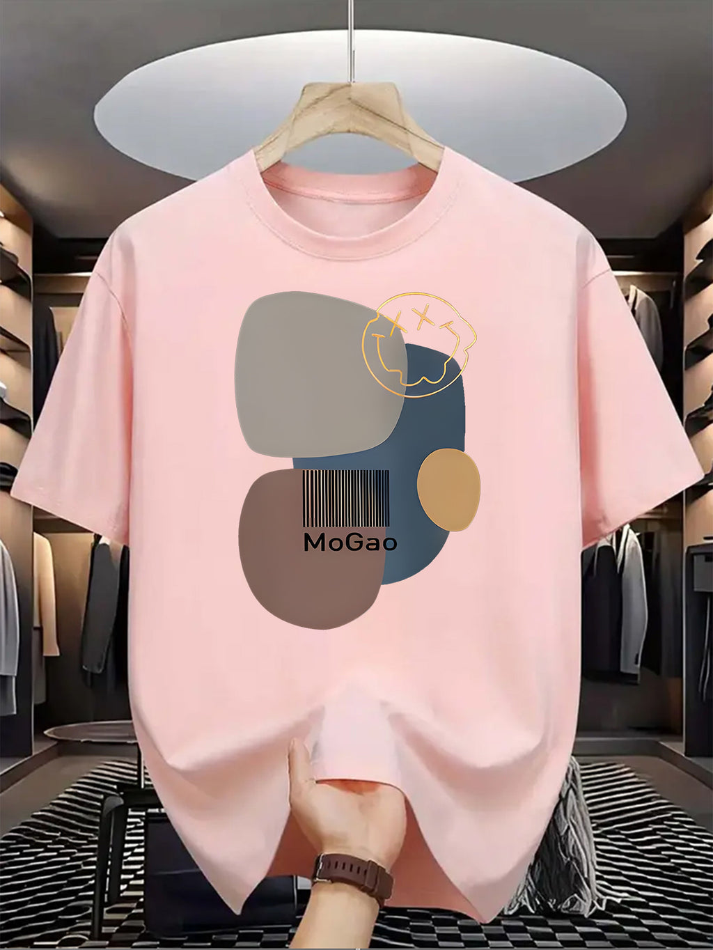 Mogao Men's Casual Short Sleeve T-Shirt - Light Blue Abstract Geometric Print, Breathable Summer Fabric, Regular Fit Round Neck, Machine Washable for Casual Attire, Versatile Fashion Top, Modern Aesthetic Shirt