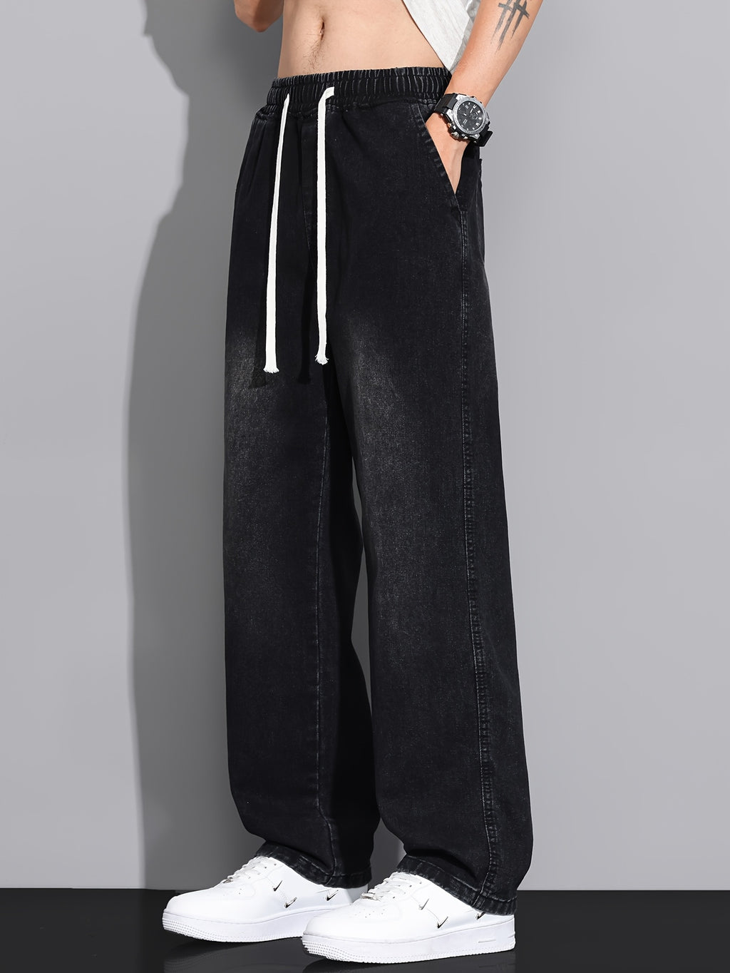 Men's Straight-Leg Jeans - Non-Stretch Denim Pants with Drawstring Waist