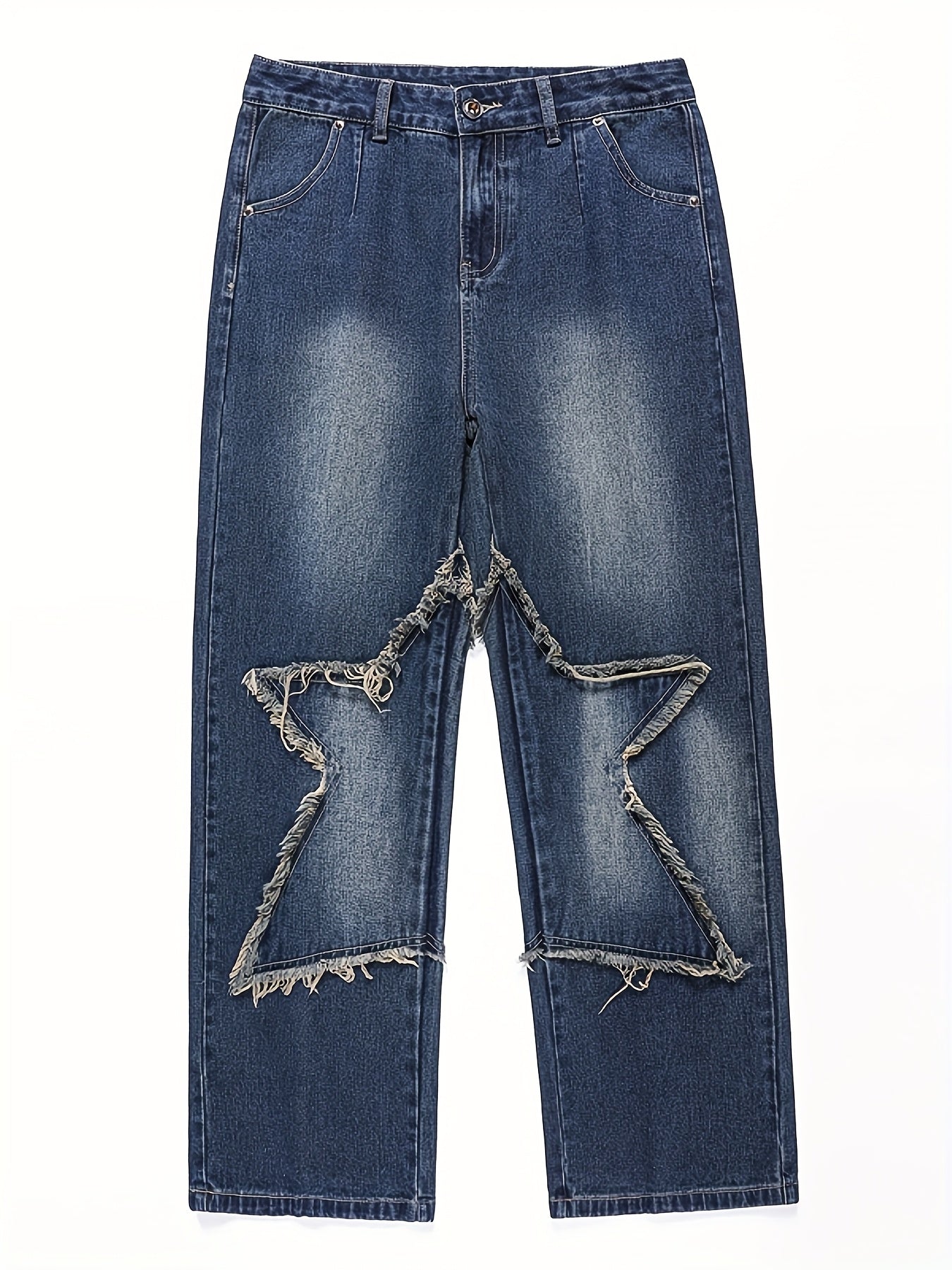 Men'S Fashion Trend Loose Straight-leg Faux Denim, High Street Five-pointed Star Pattern
