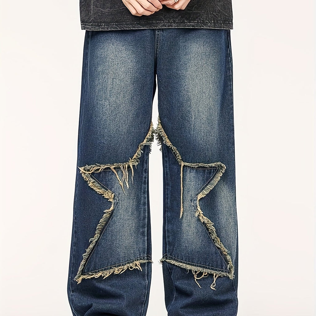 Men'S Fashion Trend Loose Straight-leg Faux Denim, High Street Five-pointed Star Pattern