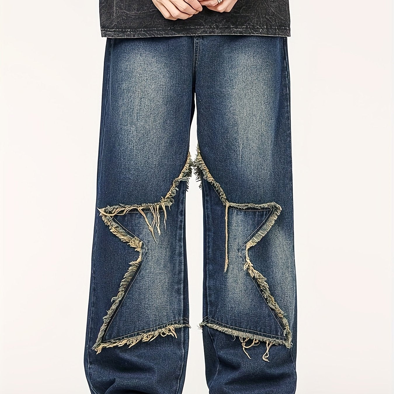 Men'S Fashion Trend Loose Straight-leg Faux Denim, High Street Five-pointed Star Pattern