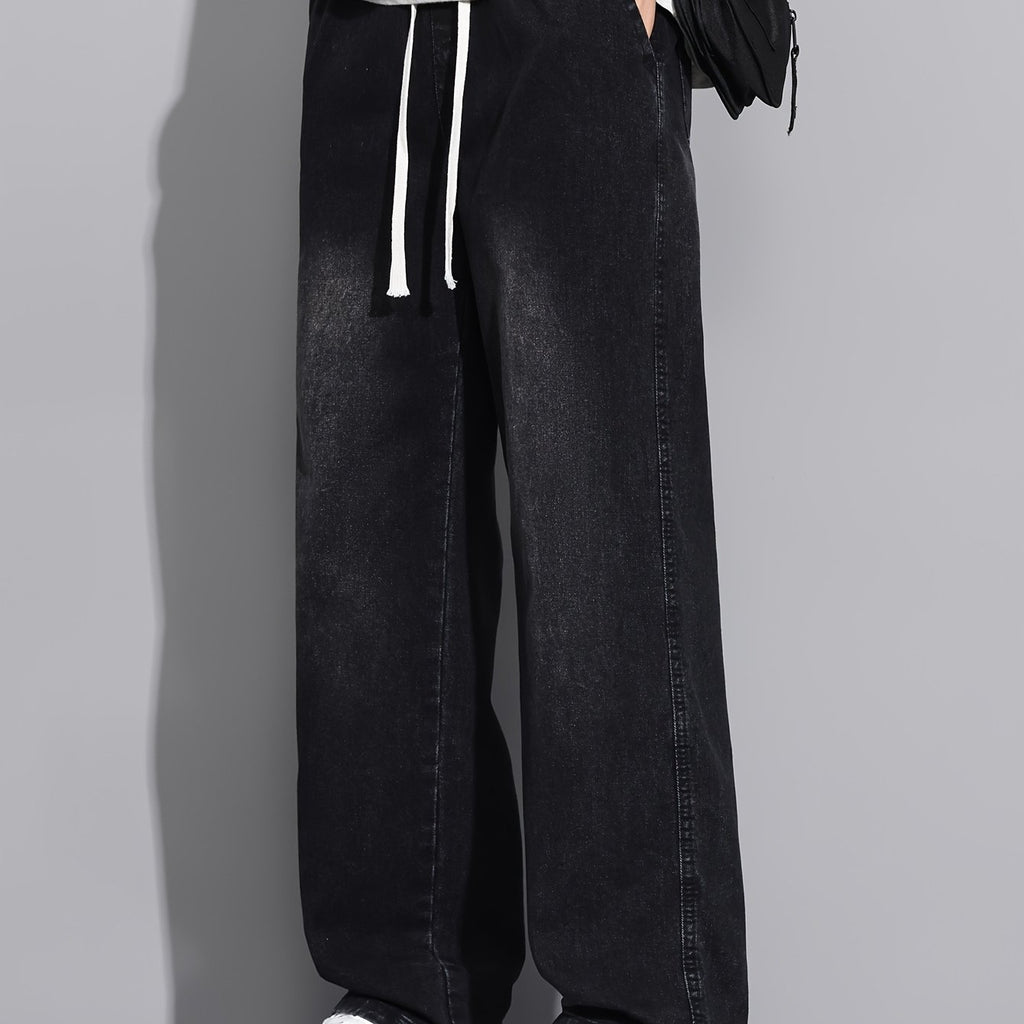 Men's Straight-Leg Jeans - Non-Stretch Denim Pants with Drawstring Waist
