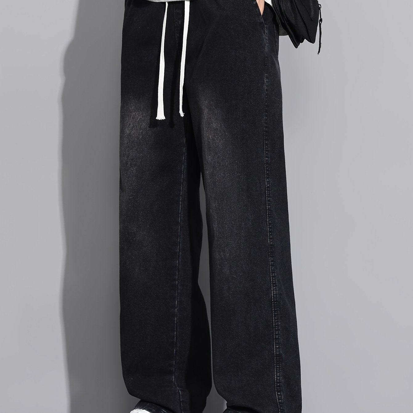 Men's Straight-Leg Jeans - Non-Stretch Denim Pants with Drawstring Waist