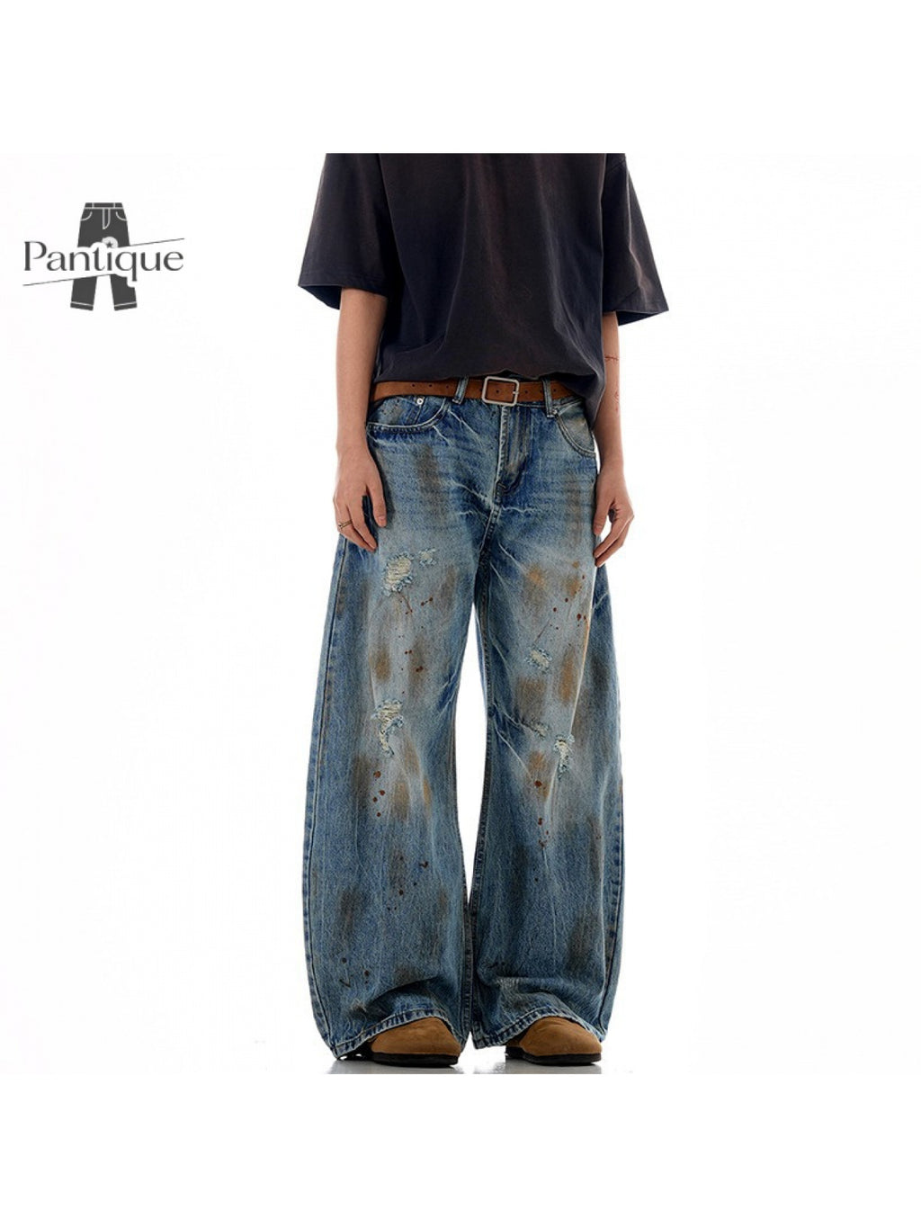 Men'S Japanese Retro Vintage Distressed Washed Faux Denim