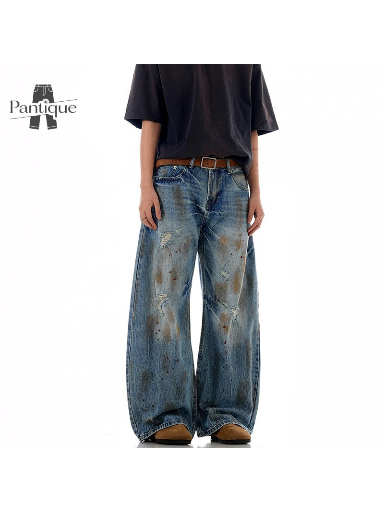 Men'S Japanese Retro Vintage Distressed Washed Faux Denim