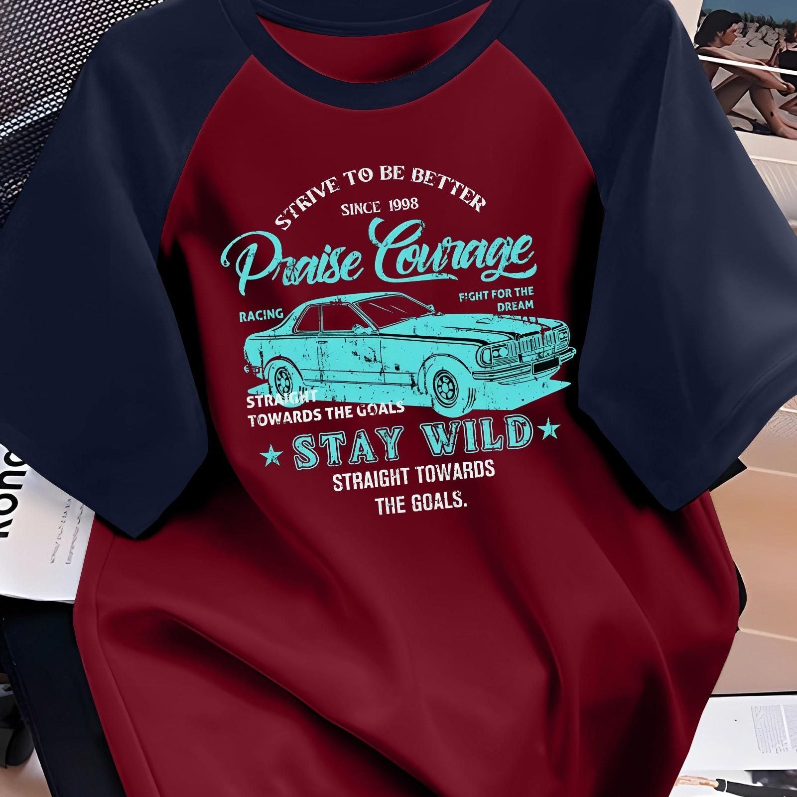 Men'S Casual Crew Neck T-Shirt, Polyester 100% Knit Fabric, Slight Stretch, Regular Fit, Short Sleeves, Summer Raglan Tee with Vintage Racing Print Design