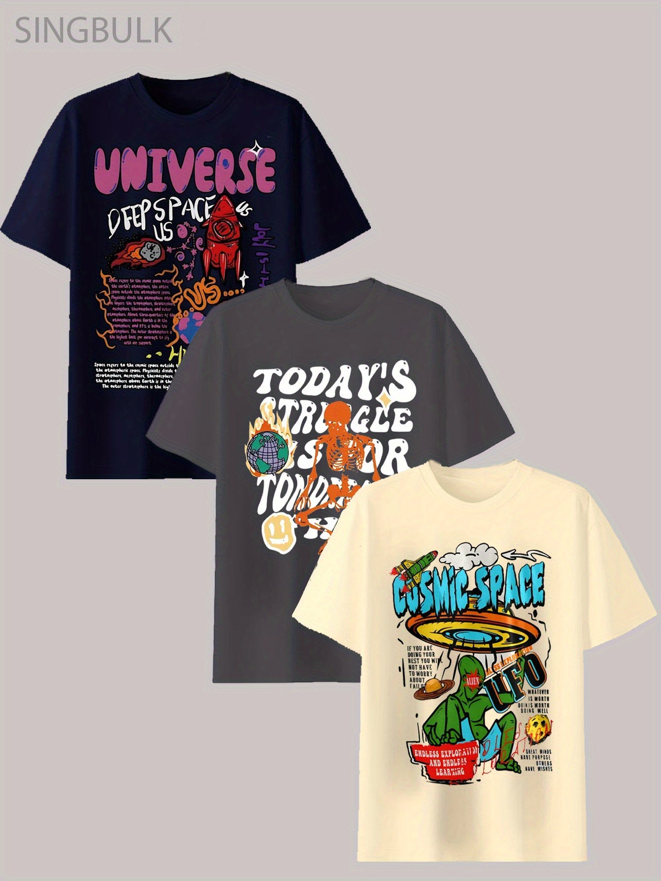 3pcs\u002F set Cool Men's Cotton T-shirt, Graphic Casual Short Sleeve Crew Neck T-shirt, Men's Outdoor Clothes, Men's Clothing