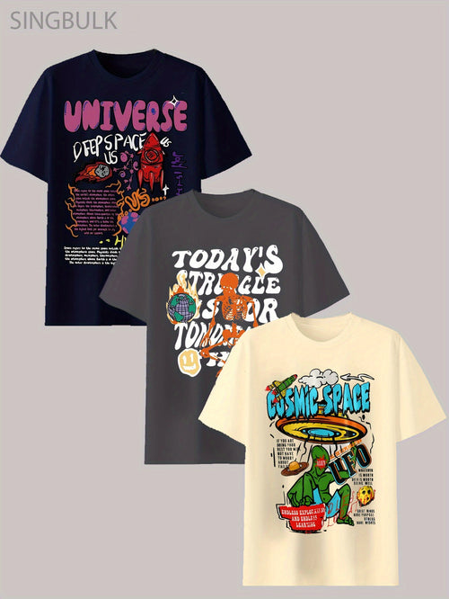 3pcs\u002F set Cool Men's Cotton T-shirt, Graphic Casual Short Sleeve Crew Neck T-shirt, Men's Outdoor Clothes, Men's Clothing