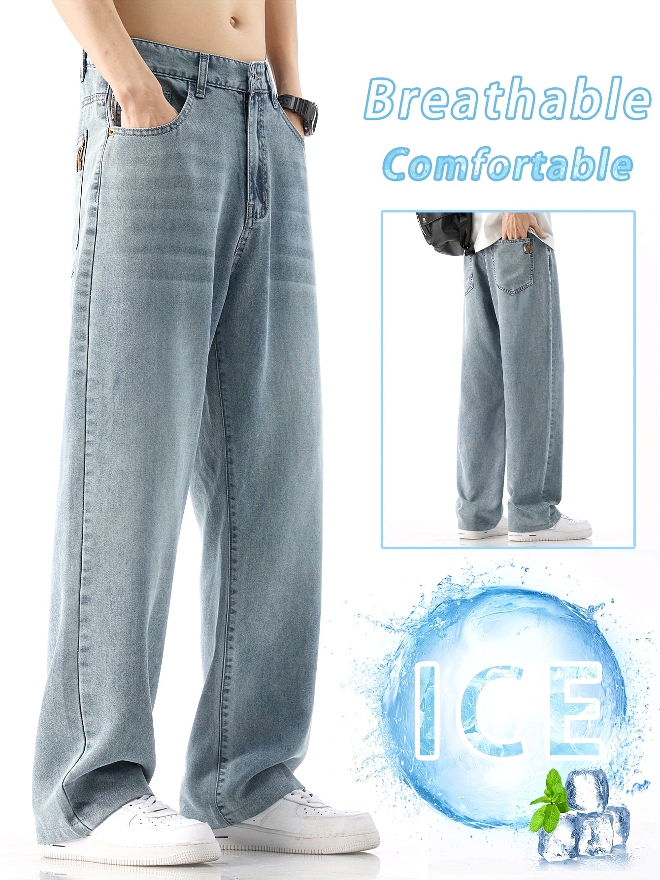 Men'S Vintage Washed Blue Wide-Leg Faux Denim - Breathable, Comfortable