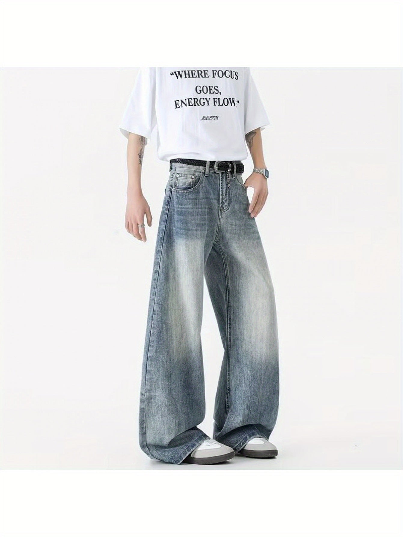 Men'S High-Waisted Wide-Leg Jeans - Vintage Washed Blue Denim, Casual Summer Style with Belt Loops & Pockets, Comfortable Mid-Rise Fit for Casual Attire