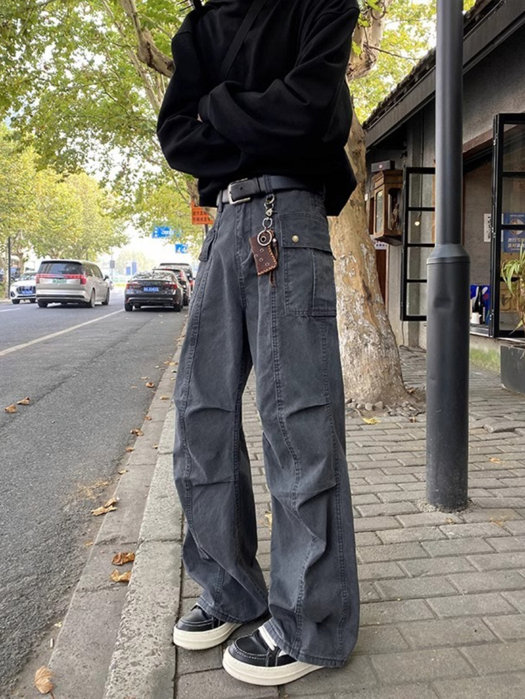 Men's High-Waisted Distressed Workwear Jeans - Light Beige\u002FBeige Tapered Leg