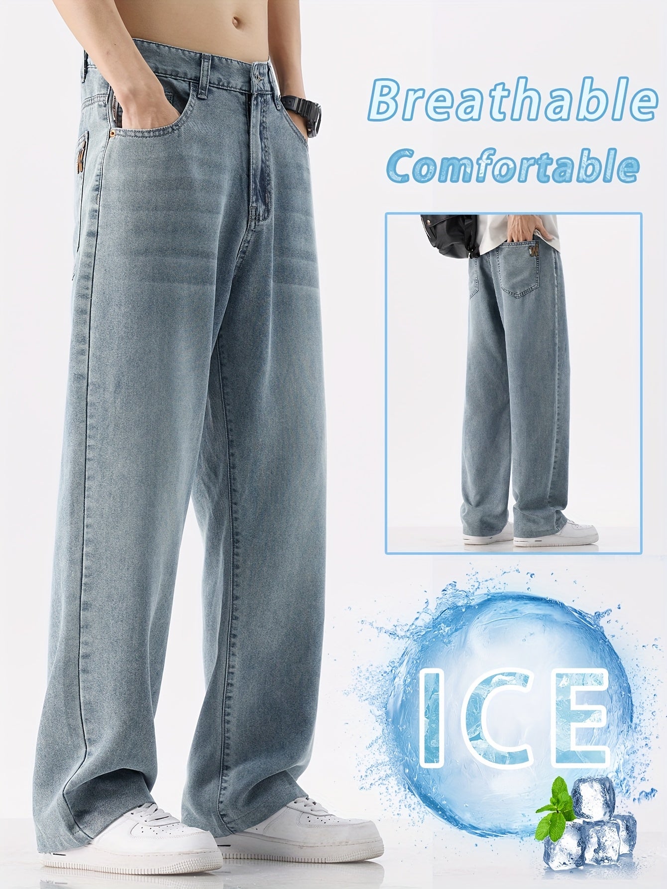 Men'S Vintage Washed Blue Wide-Leg Faux Denim - Breathable, Comfortable