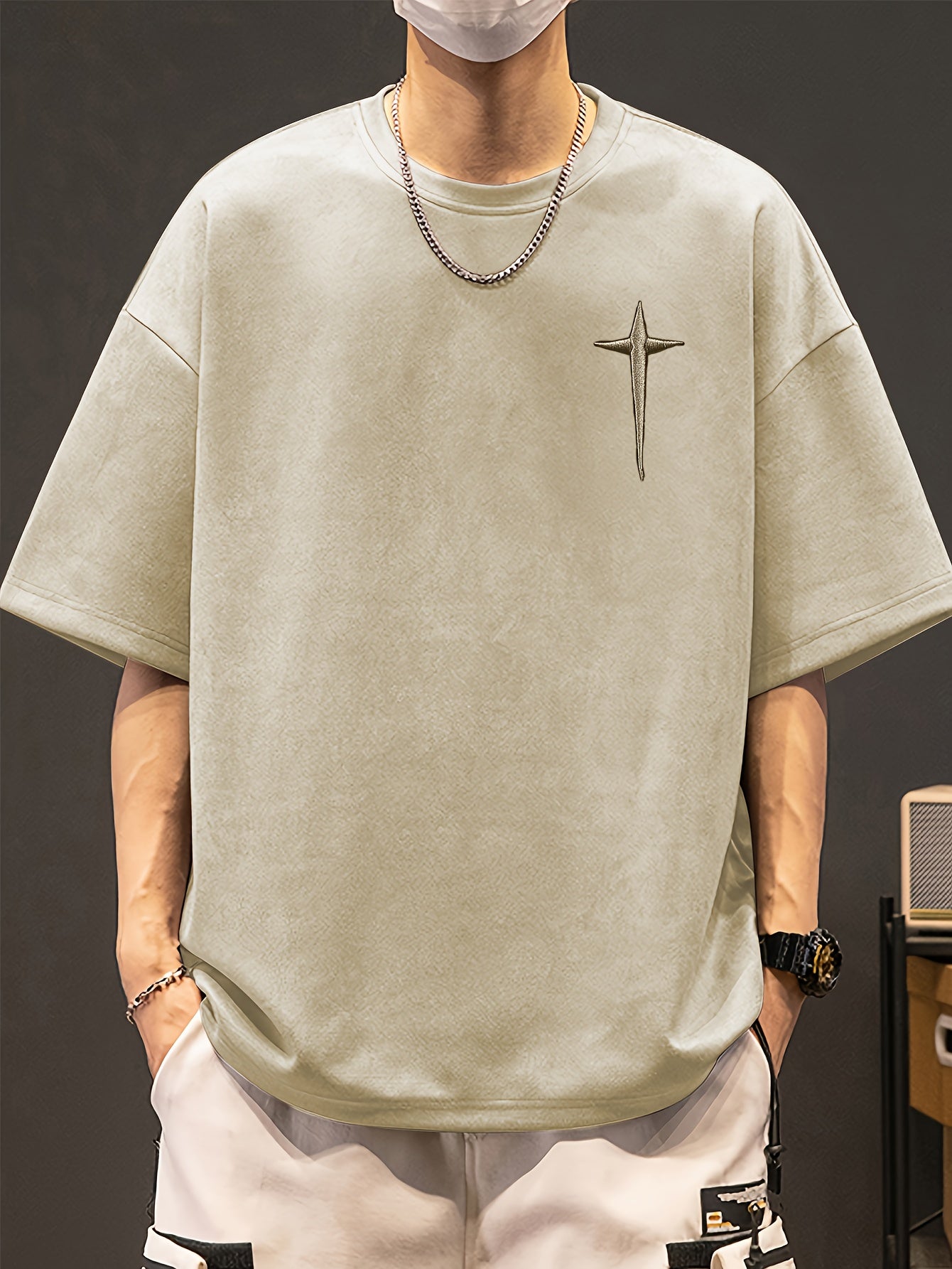 Men's Pierson OBM Fashion Casual Teal Embroidered Crew Neck Sweatshirt - Sporty Style, Polyester and Spandex Blend, Machine Washable, Summer Wear, Sporty Sweatshirt|Geometric Embroidery|Polyester Spandex Blend