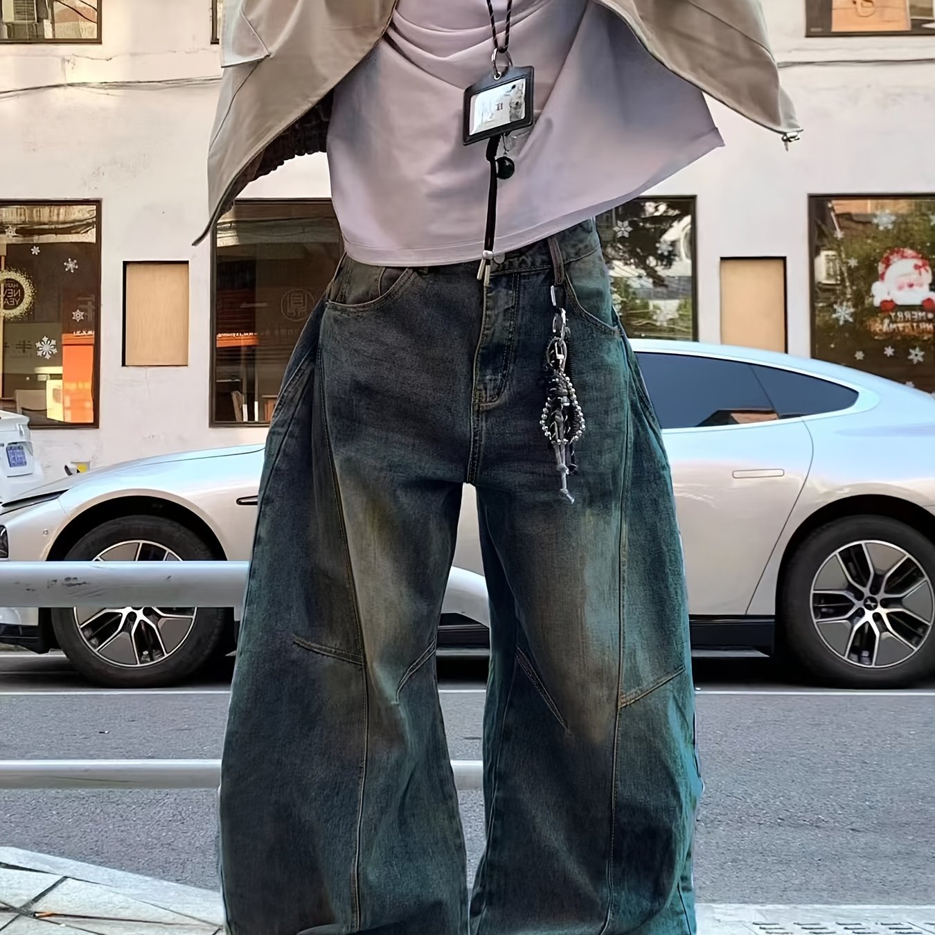 Men'S Vintage Washed Loose Faux Denim - High Street Style, Loose Fit, All-Season Comfort