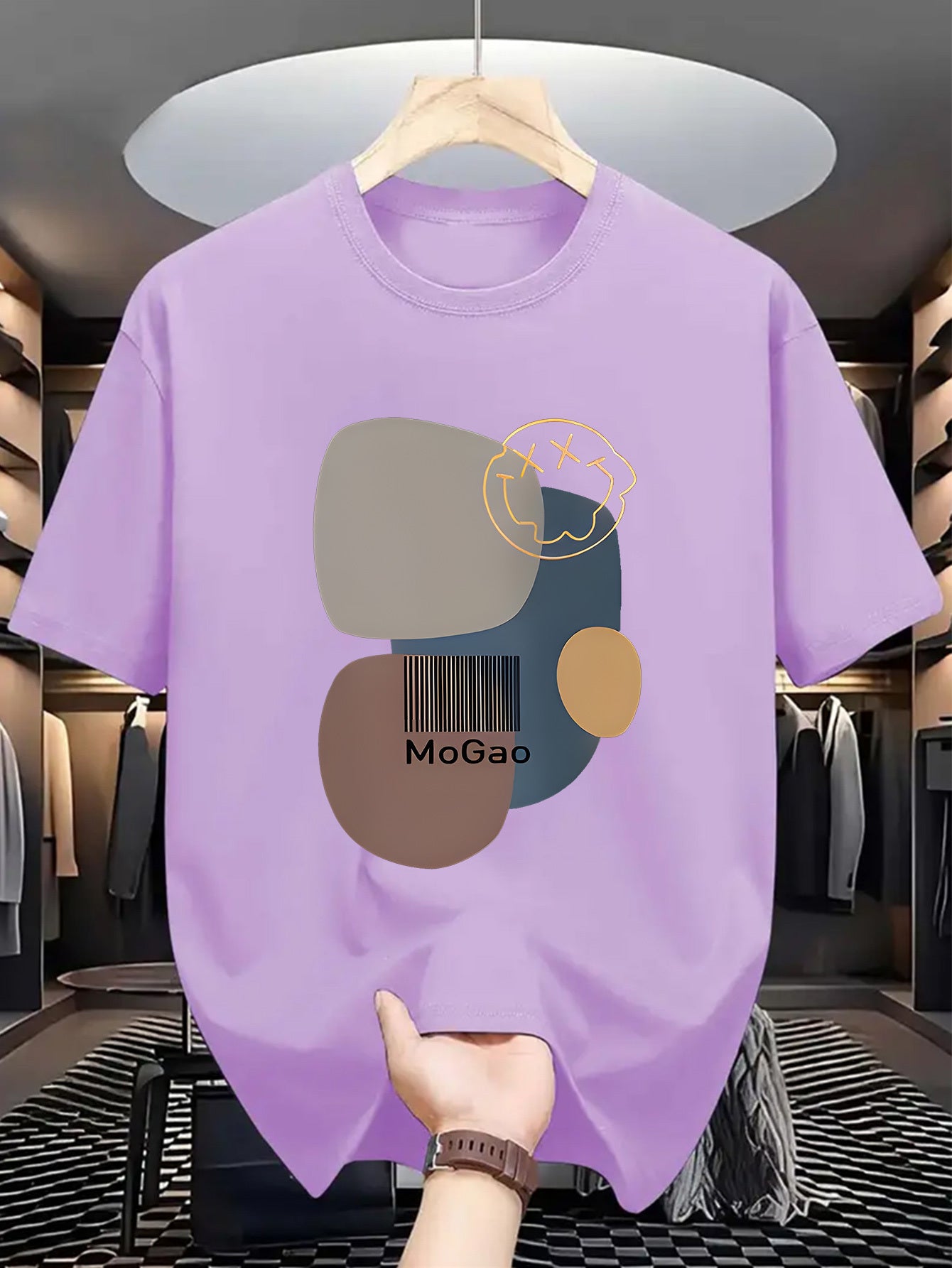 Mogao Men's Casual Short Sleeve T-Shirt - Light Blue Abstract Geometric Print, Breathable Summer Fabric, Regular Fit Round Neck, Machine Washable for Casual Attire, Versatile Fashion Top, Modern Aesthetic Shirt