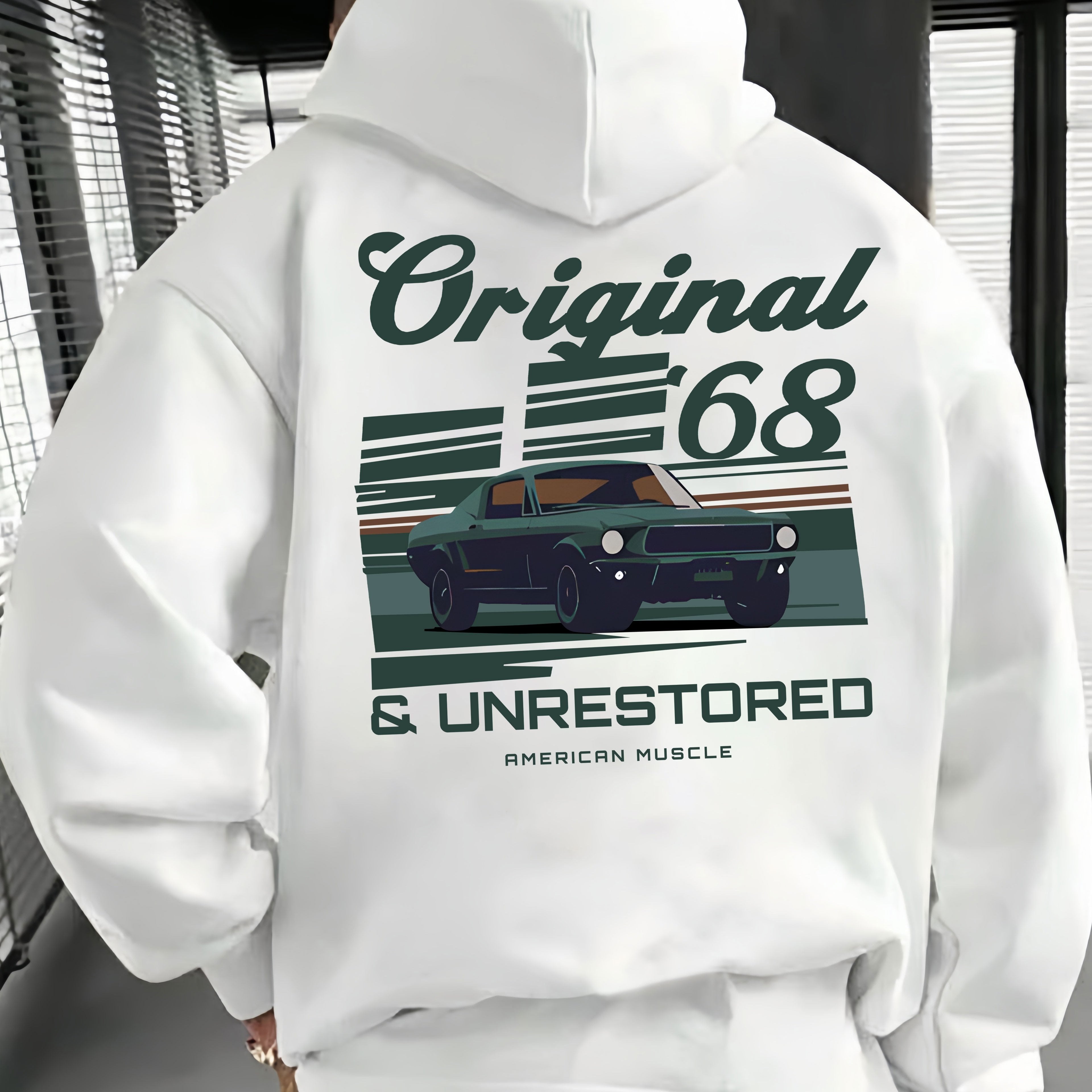 1pc Original 68 & Unrestored American Muscle Vintage Car Print Hoodie for Men - Casual French Terry Pullover with Pockets, Non-Stretch Knit Fabric, Loose Fit Hooded Sweatshirt