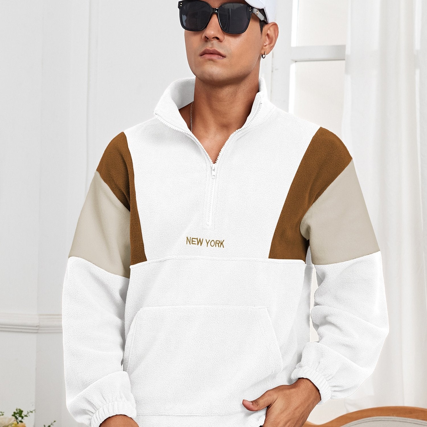 Men's Fluffy Polar Fleece Hoodie with NEW YORK Lettering & Colorblock Design - Half-Zip Stand Collar Sweatshirt, Loose Fit Unisex Pullover for Casual & Athletic Wear, Machine Washable (Black\u002FOlive\u002FBeige)