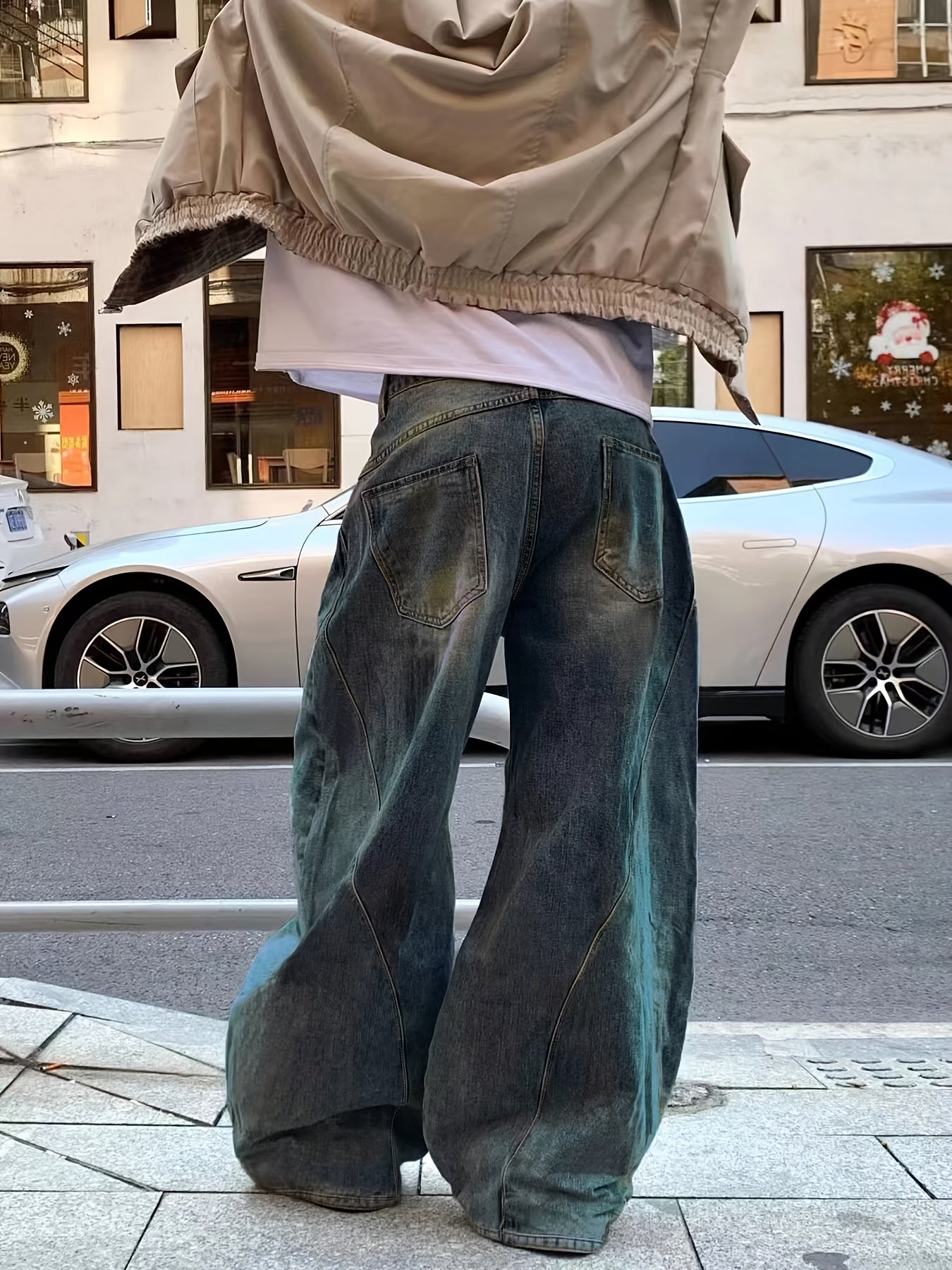 Men'S Vintage Washed Loose Faux Denim - High Street Style, Loose Fit, All-Season Comfort