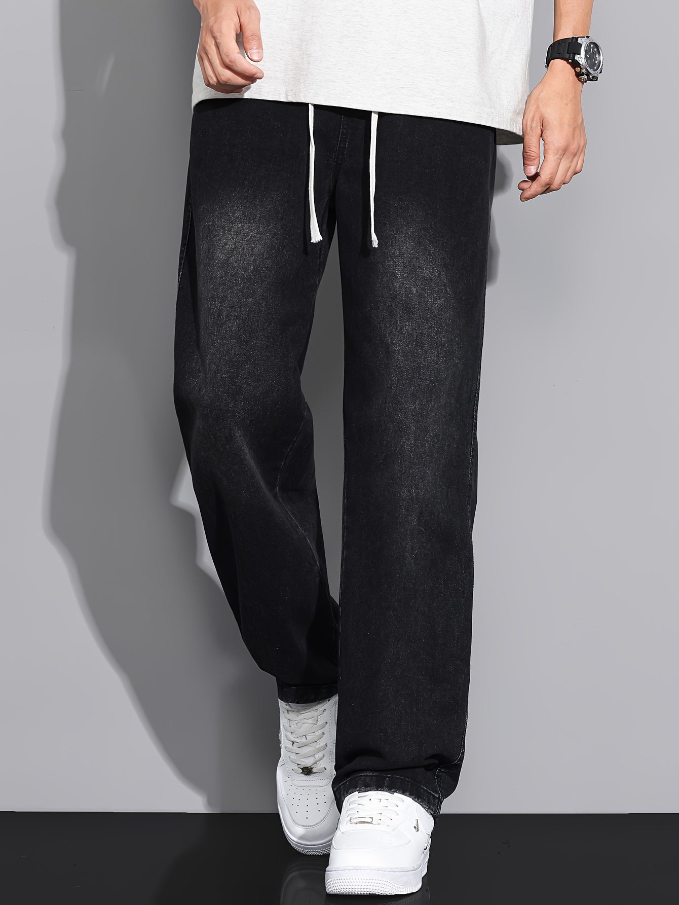 Men's Straight-Leg Jeans - Non-Stretch Denim Pants with Drawstring Waist