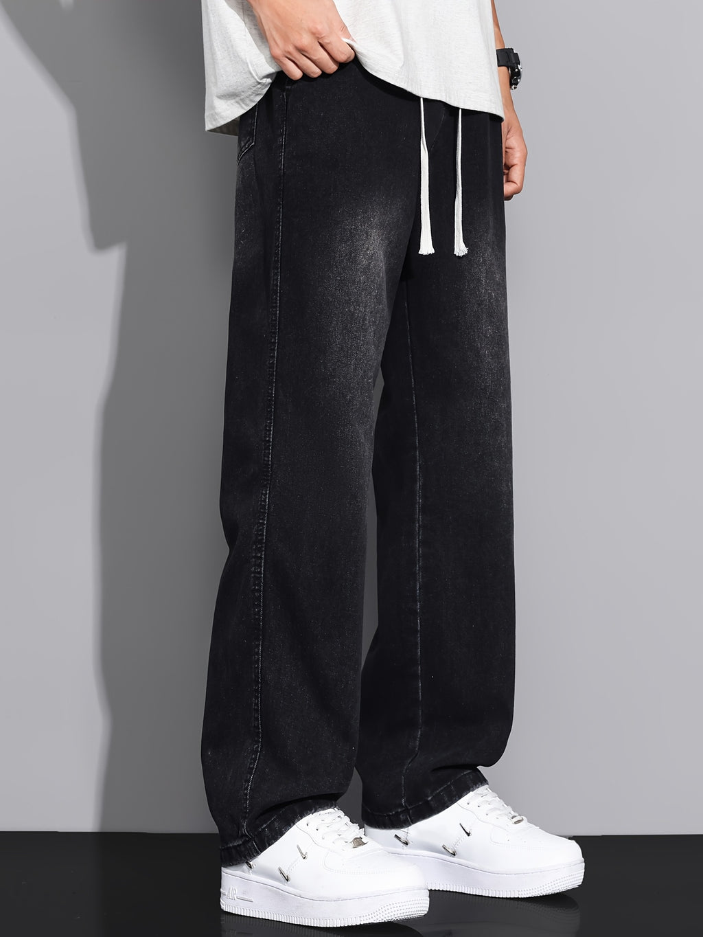 Men's Straight-Leg Jeans - Non-Stretch Denim Pants with Drawstring Waist