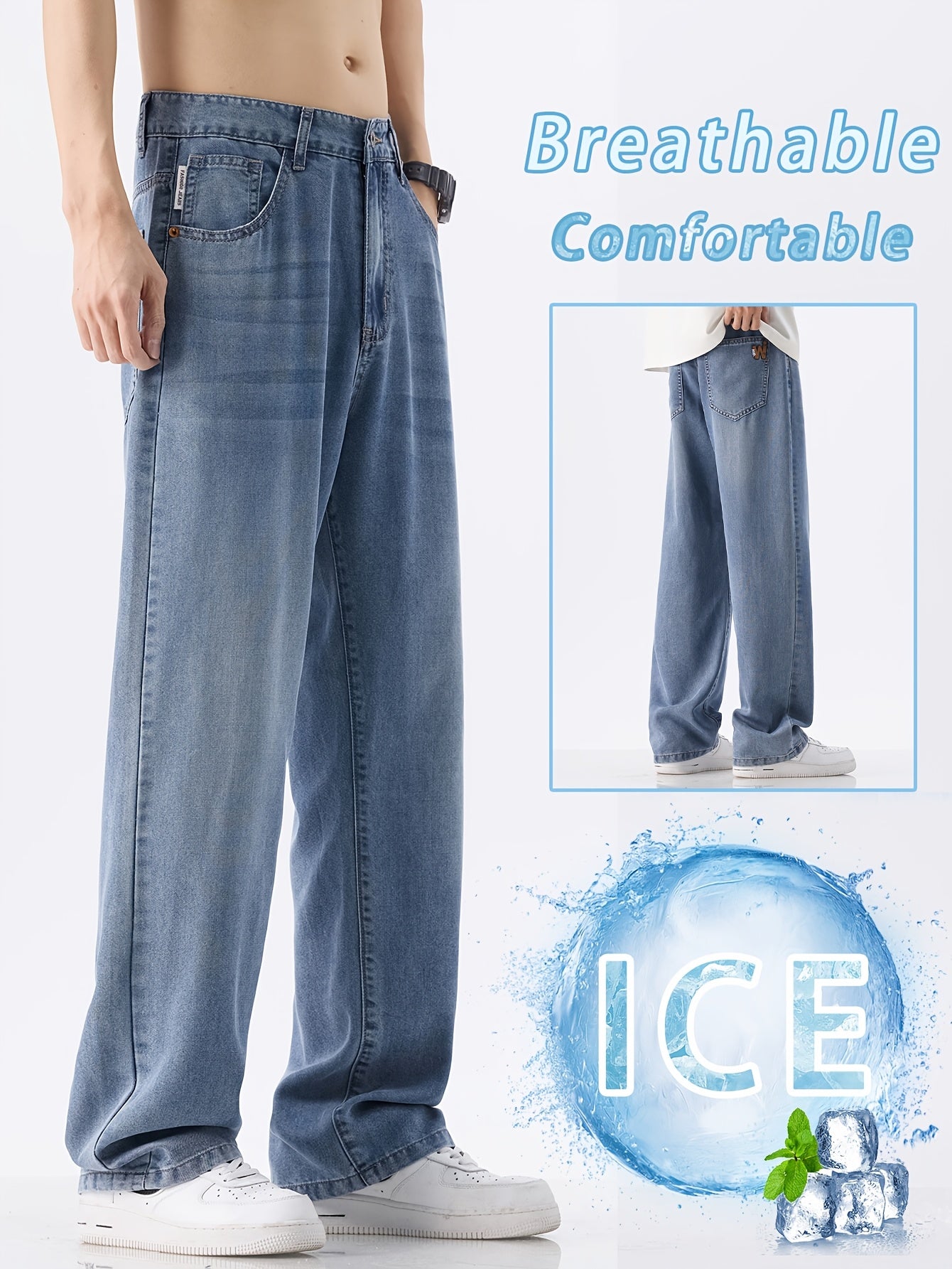 Men'S Vintage Washed Blue Wide-Leg Faux Denim - Breathable, Comfortable