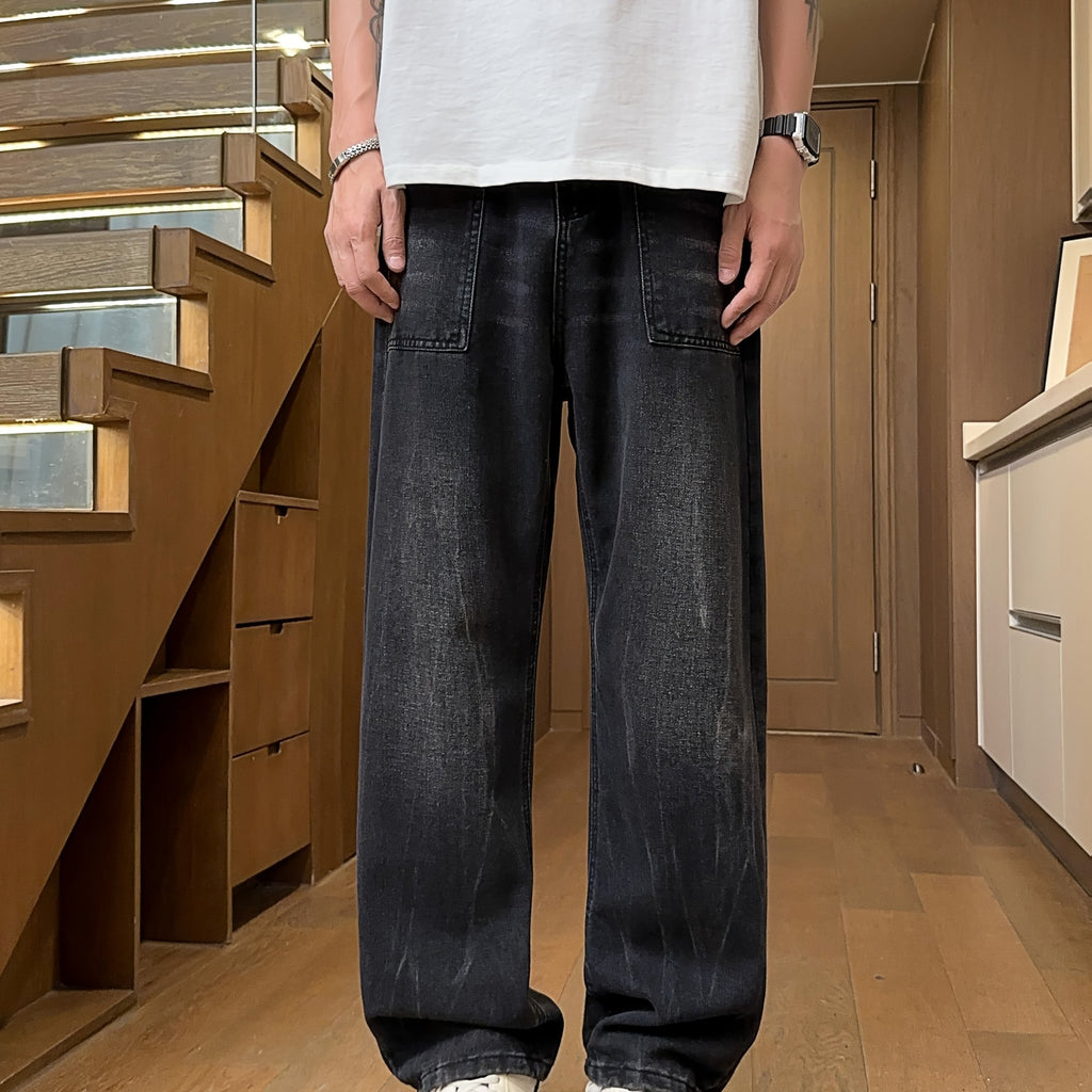Men's Retro High Waisted Wide Leg Jeans - Straight Leg Mop Pants with Belt & Pockets